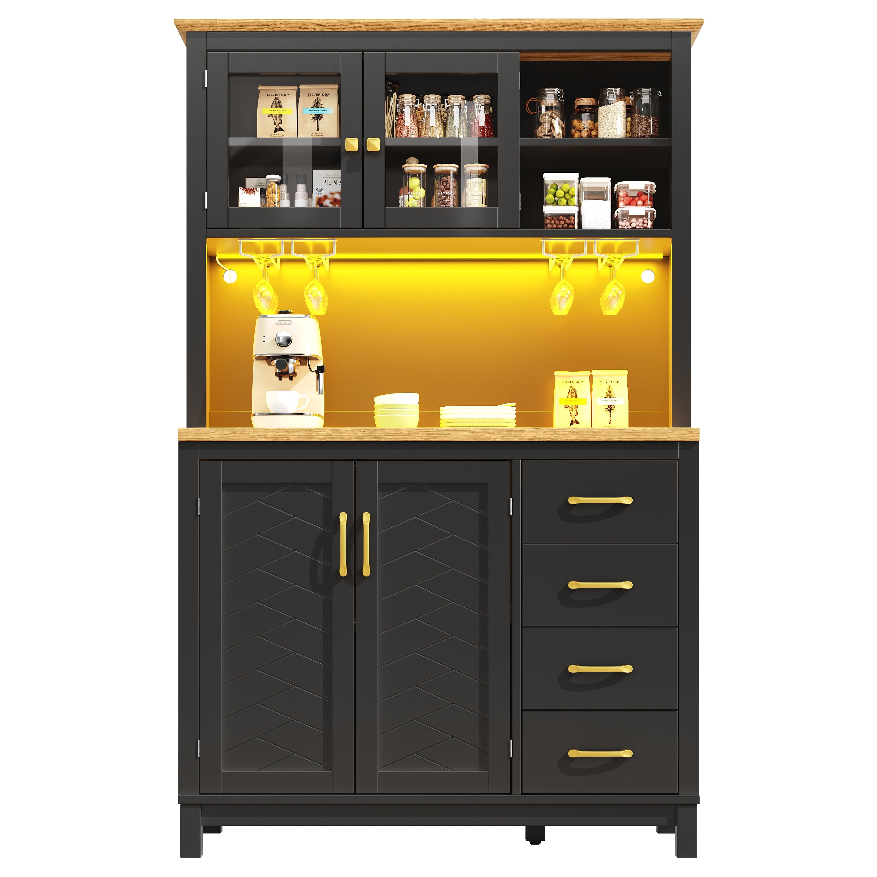 Sideboard Kitchen Buffet Cabinet with LED Lights and Drink Holders, Green, Black and White