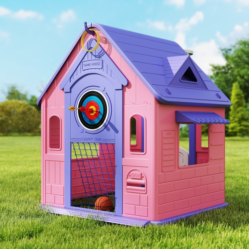 5-in-1 Playhouse Outdoor Indoor Basketball Football Dartboard Ring Toss Pink
