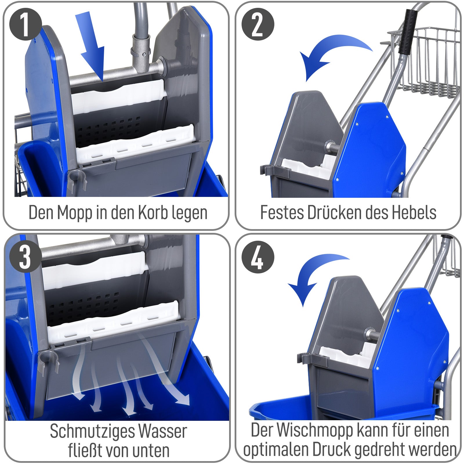 Reinigungswagen, 26-Liter-Eimer mit Backenpresse, Blau
