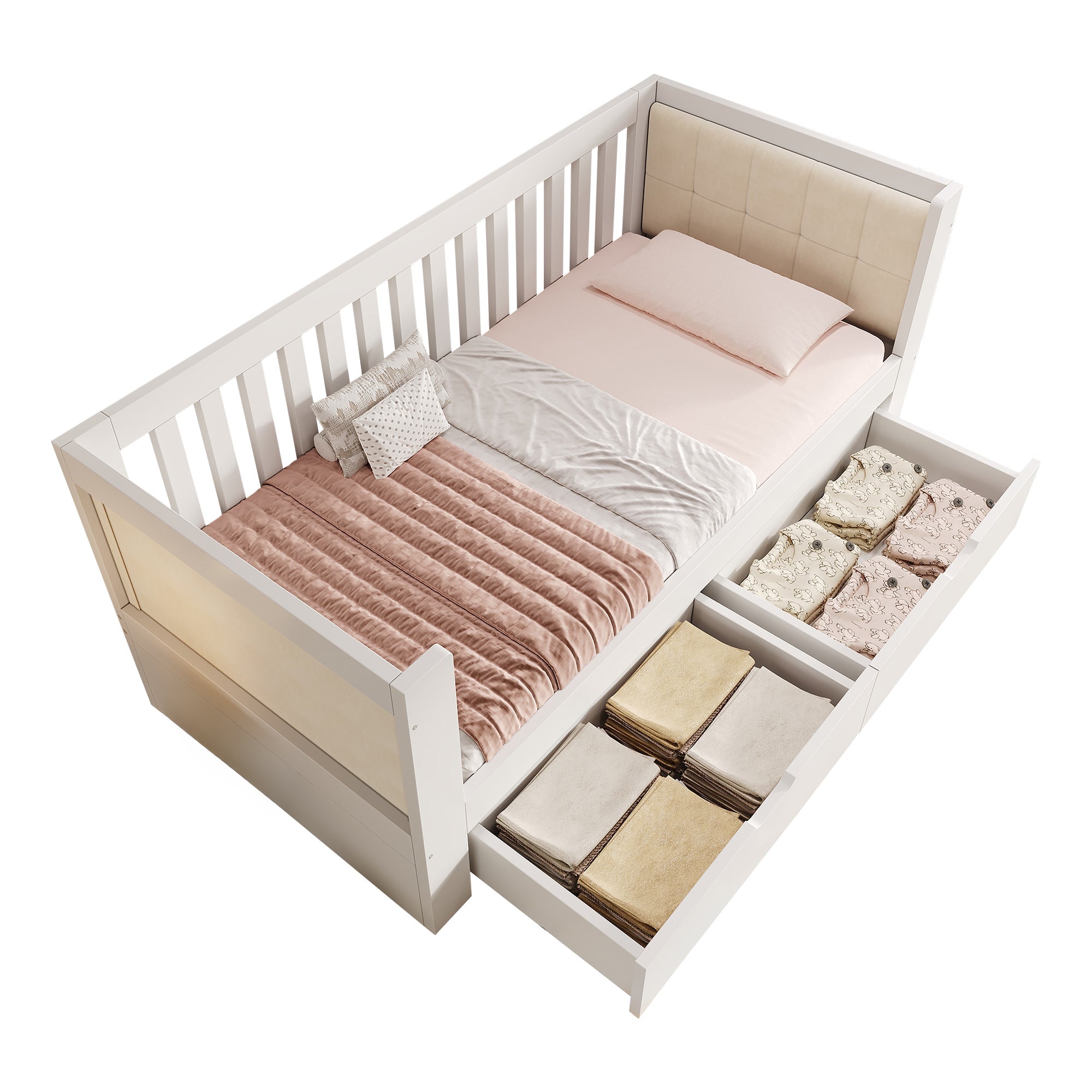 Sofa Bed with 2 Drawers and Rounded Armrests, 90x200cm, White Wood