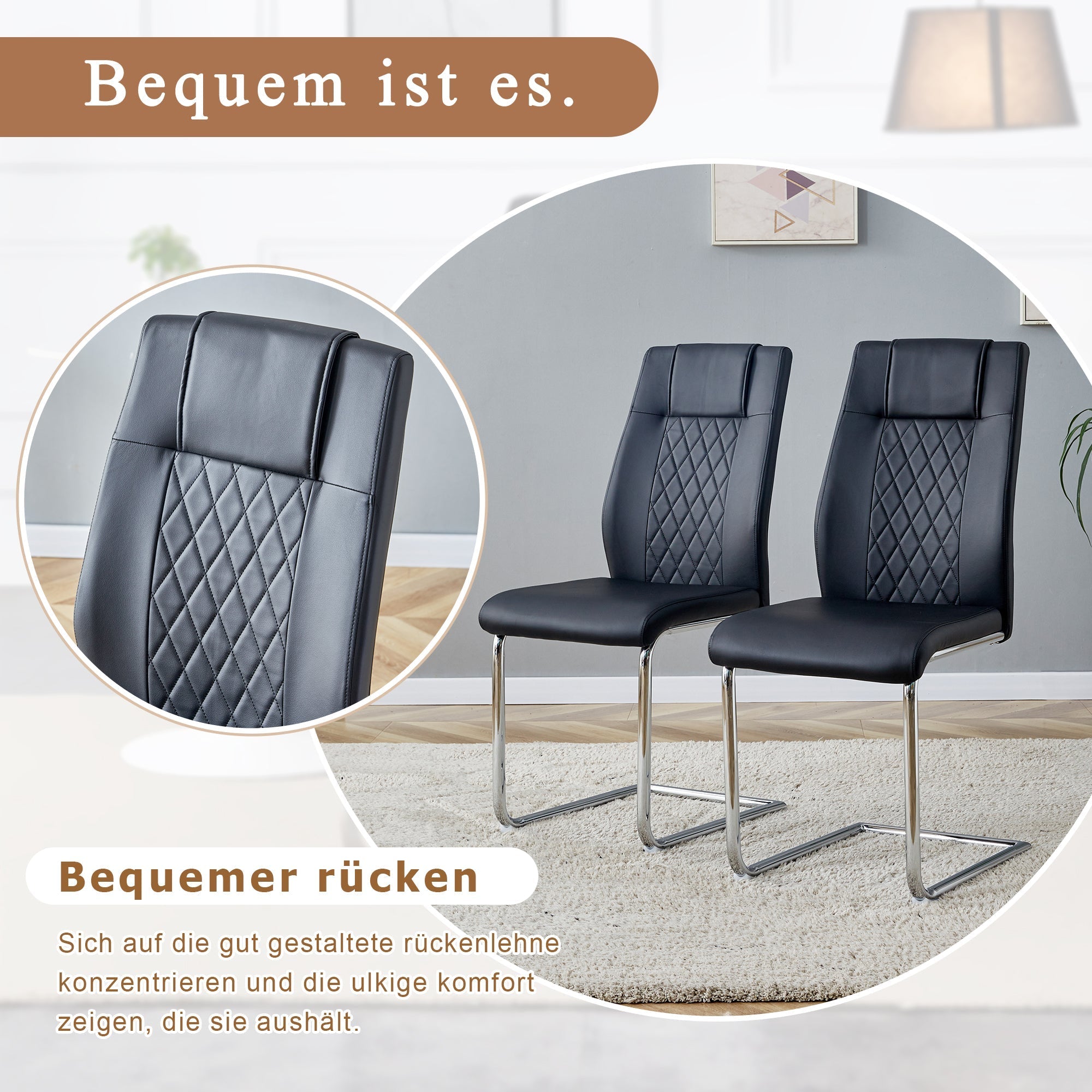 Dining Chair Set of 4 Nordic Style Mesh Stitching Silver Metal Legs Black PU