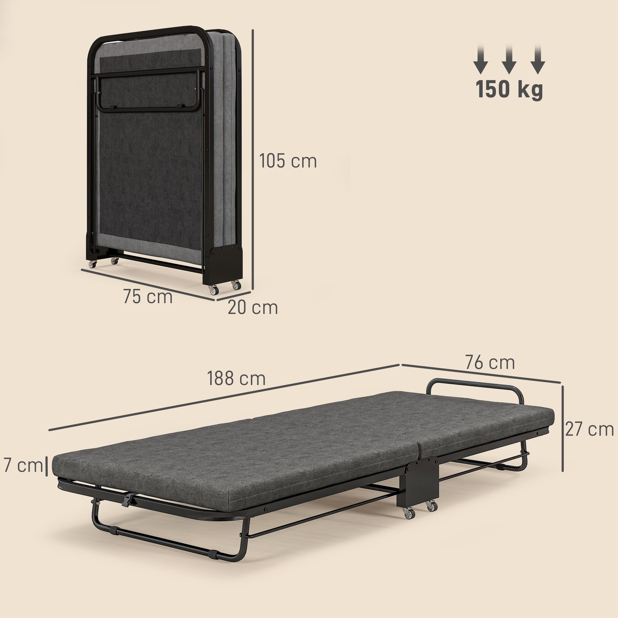 Single Folding Bed with 5-Position Adjustable Back and Wheels, Grey