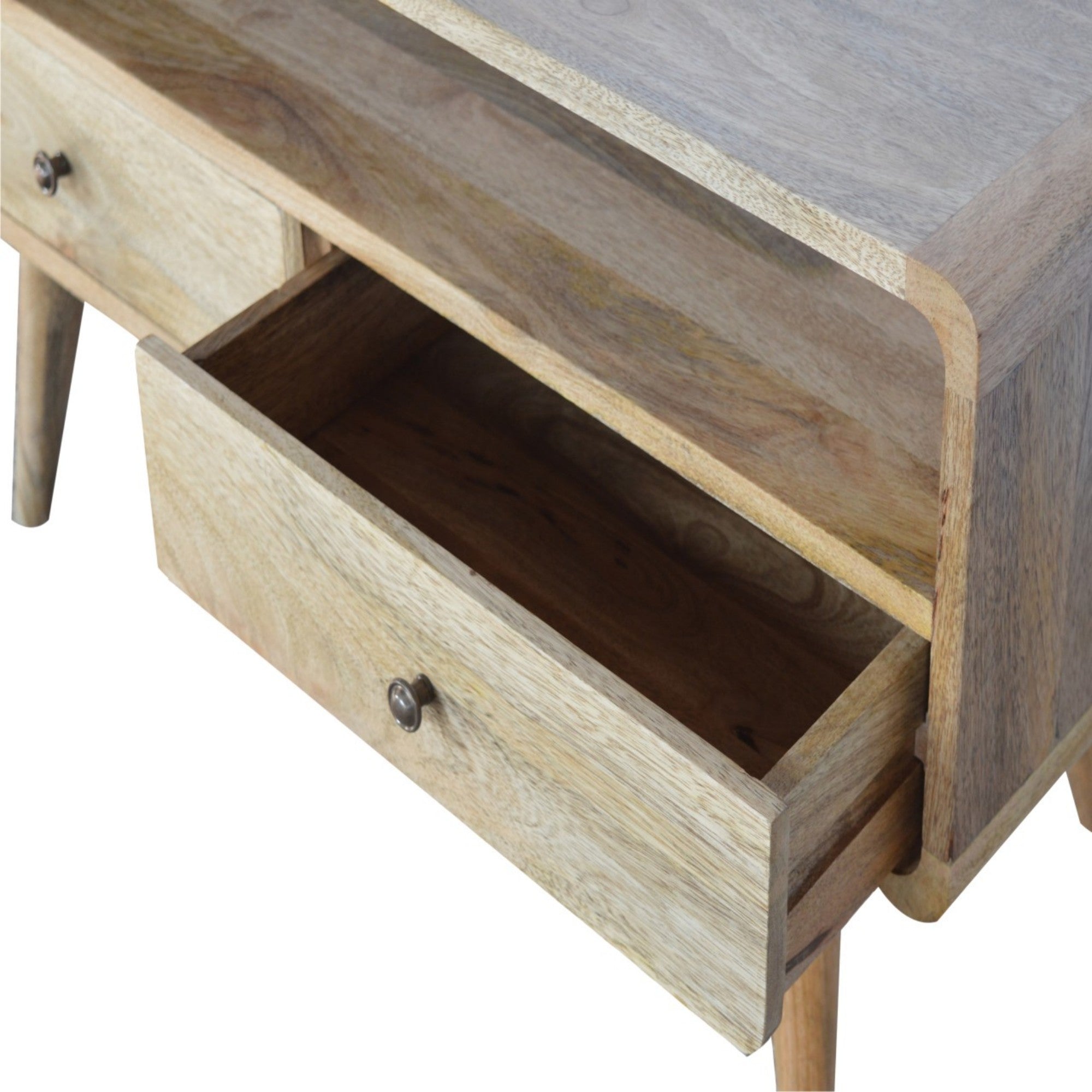 Solid Wood Curved Media Unit with 2 Drawers and Open Slot, Brown Oak-ish