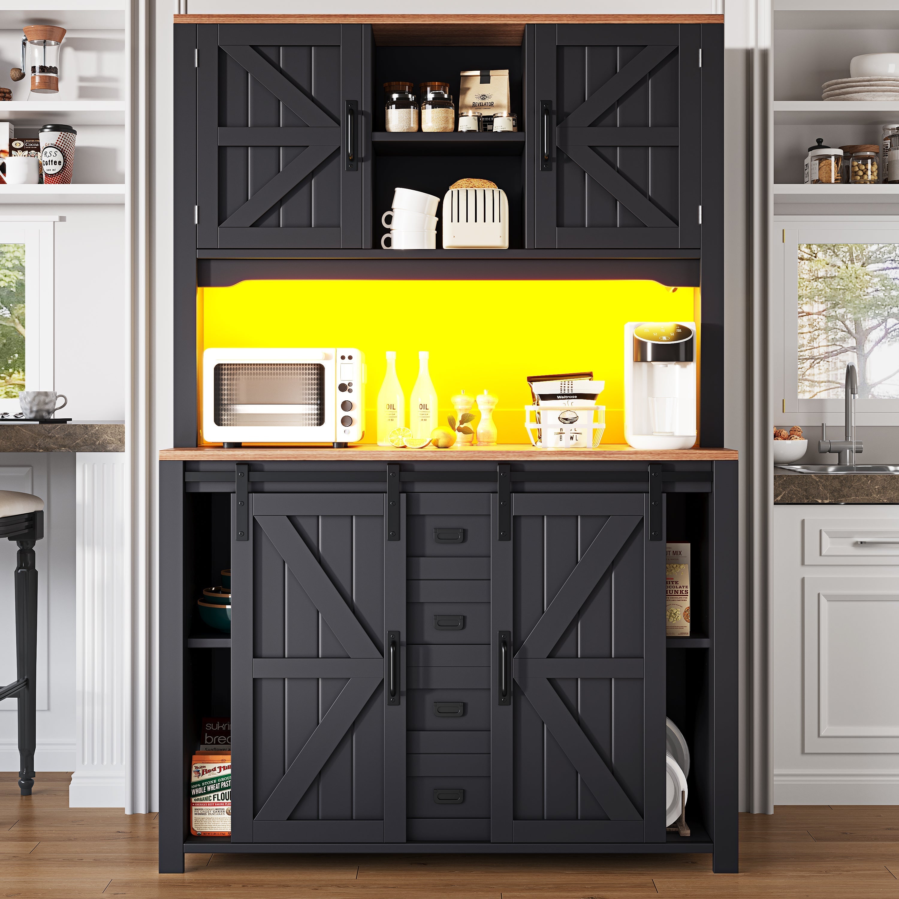 Tall Kitchen Sideboard 115x40x175cm Sliding Doors LED - Black/White