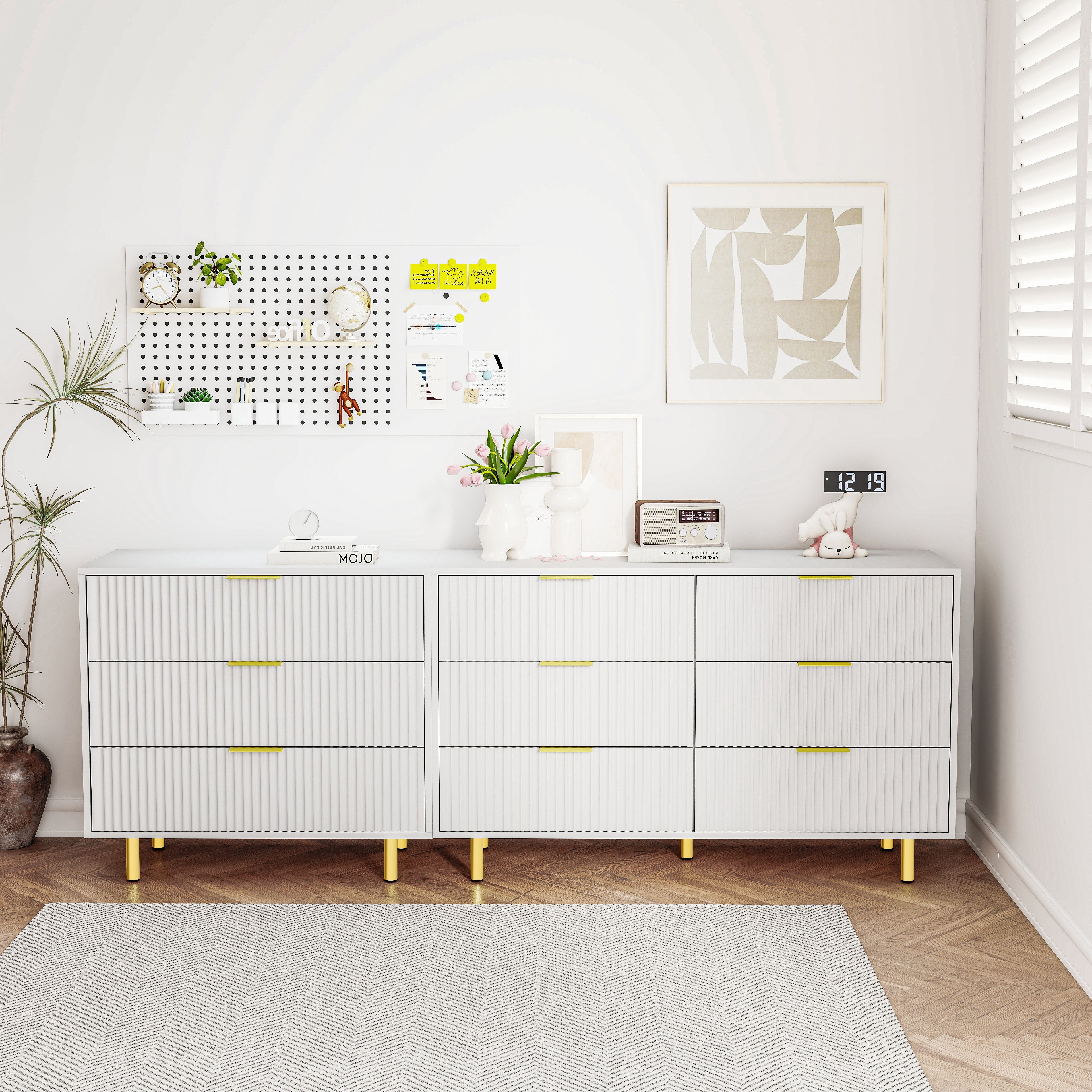 Modular Drawer Unit with 9 Drawers and Modern Sideboard Set, White and Gold