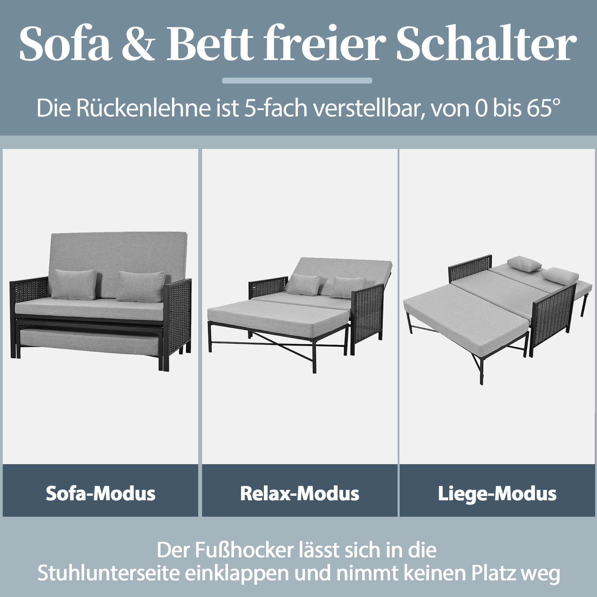 Outdoor Lounger Garden Sofa for 2 People with Adjustable Backrest and Retractable Footrest, Grey