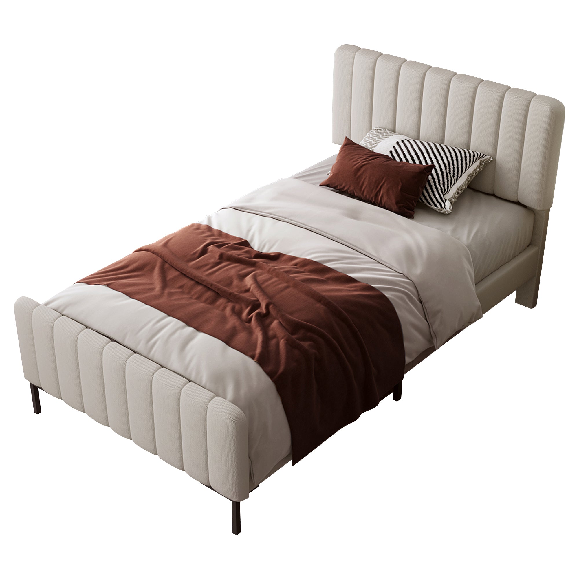 Upholstered single bed, 90 x 200 cm, adjustable headboard, grey-beige linen