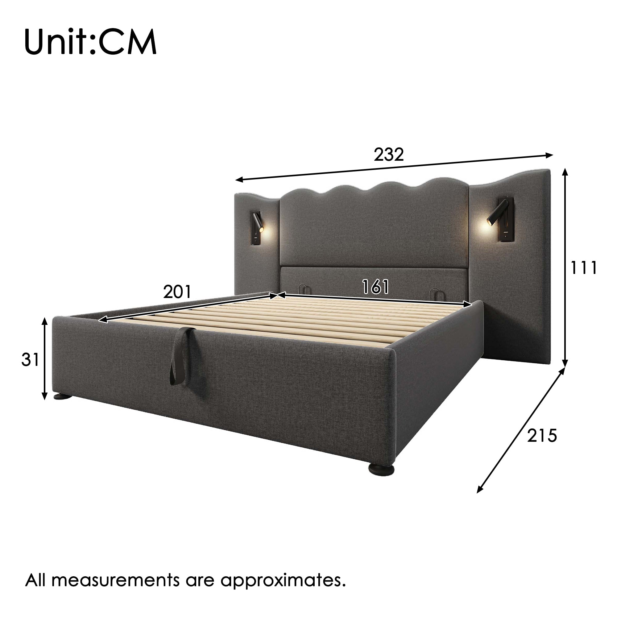Upholstered Double Bed 160x200, Reading Lamp & USB-C, Storage, Solid Wood & Metal, Grey Linen