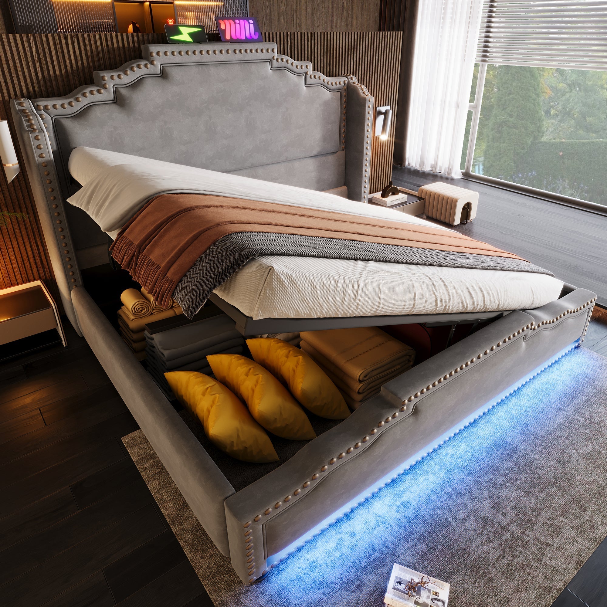 Upholstered Bed 140x200 Hydraulic Storage LED/USB Slatted Frame, Velvet Grey