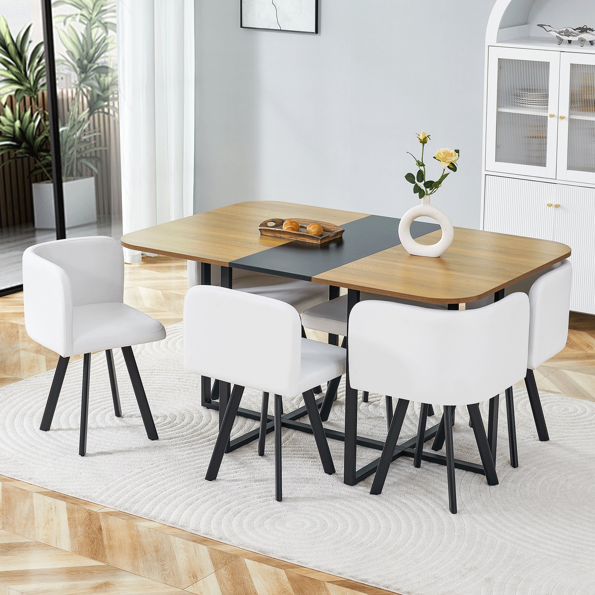 Dining Table Set Extendable Table Stowable Chairs 4-6 Seater - Wood Grain/Black Metal
