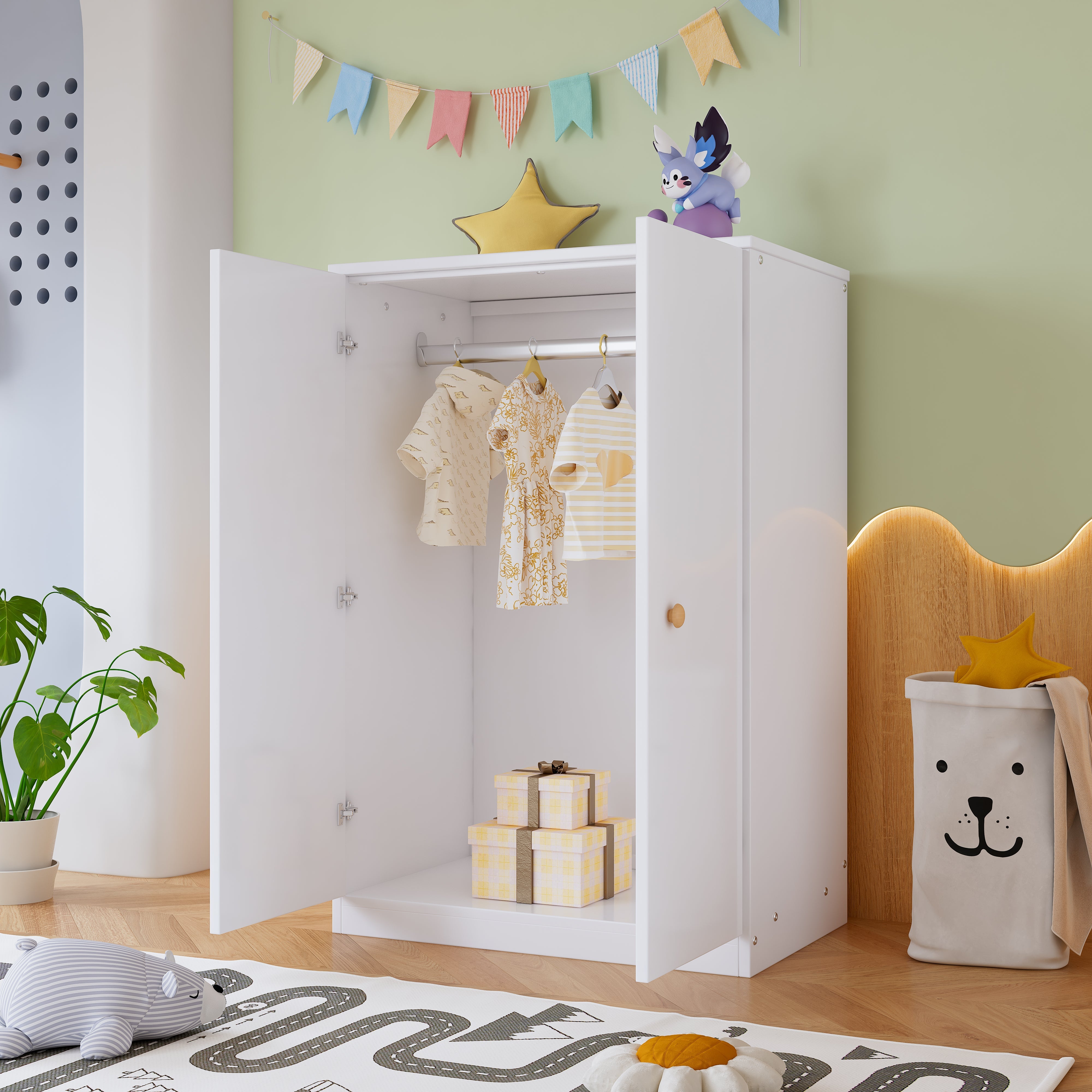 Wardrobe, Small 2-Door Hanging Rail for Bedroom/Children, MDF White