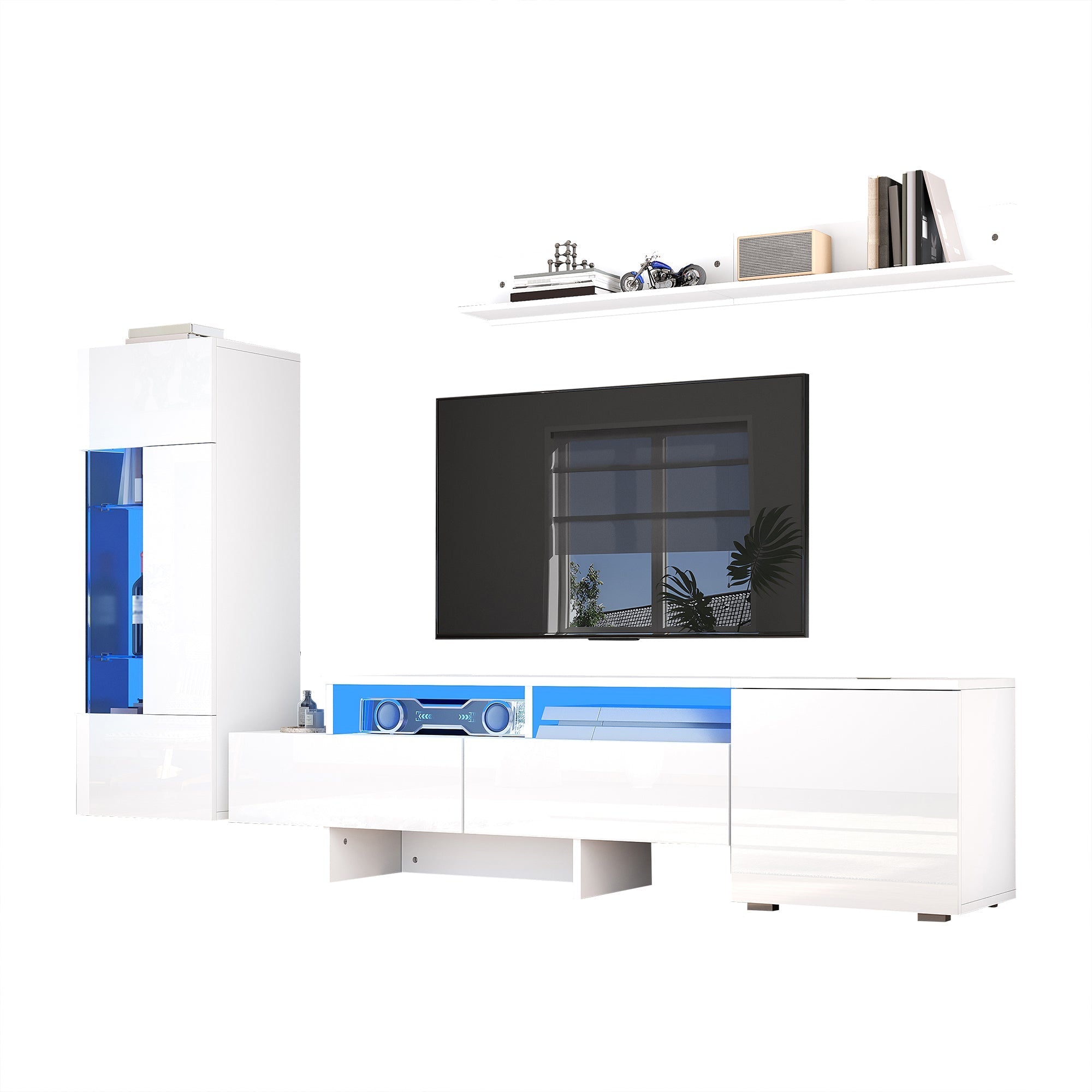 3-Piece TV Wall Unit Set High-Gloss LED Modern Wall-Mounted White