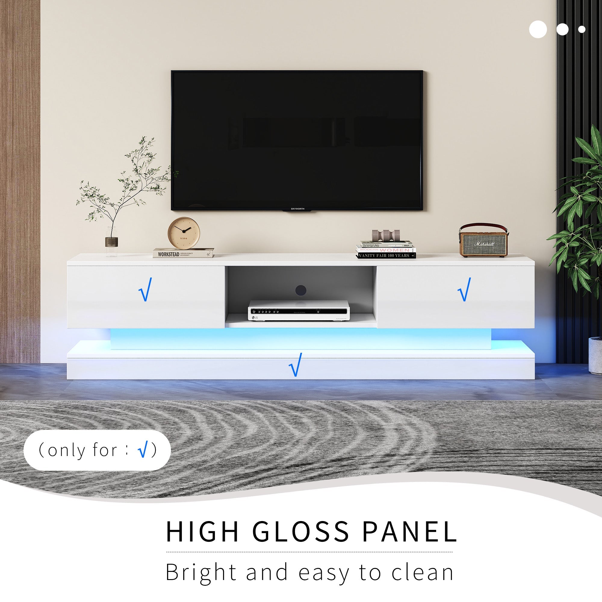 TV Cabinet with LED Lighting, 2-Drawer, Anti-Tip, for 60-inch TVs, White High-Gloss