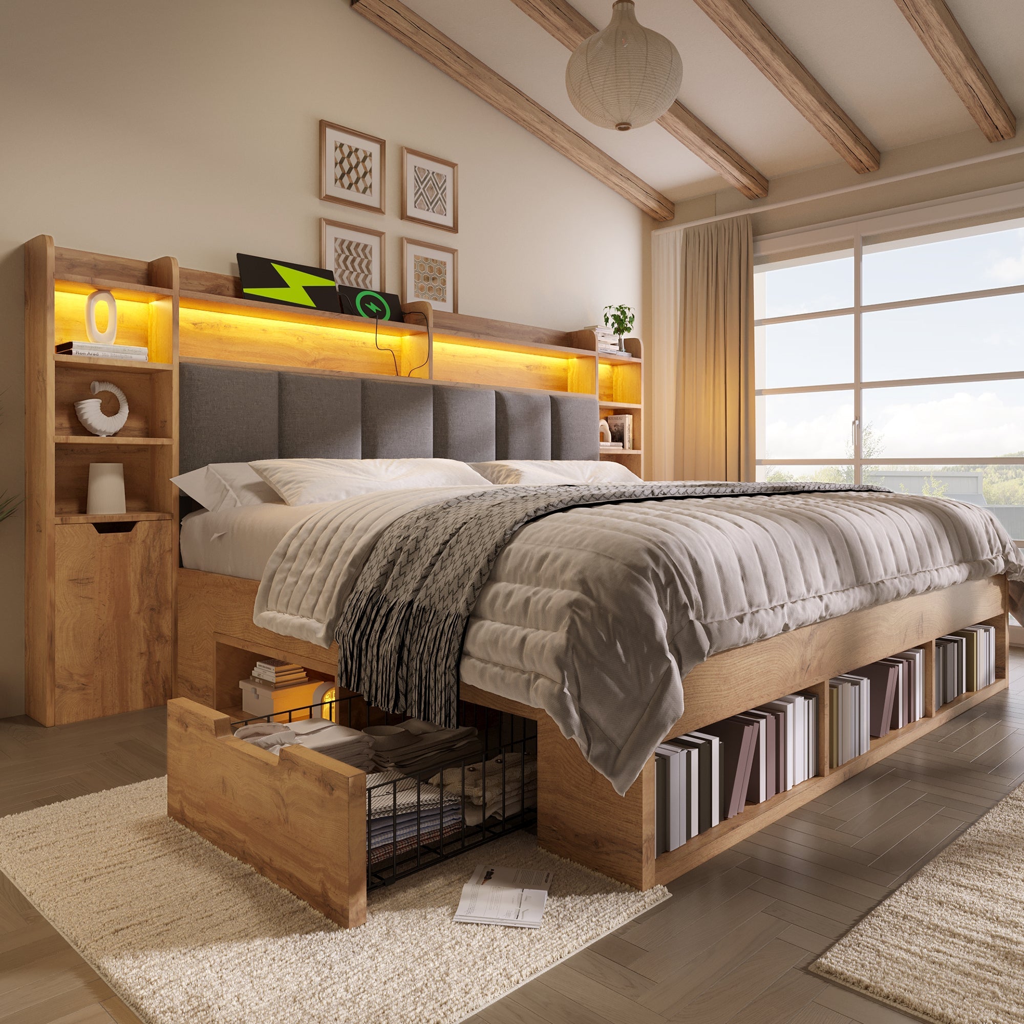 Double Bed System Bed with LED Headboard, Bedside Tables, USB Ports and Storage, 180x200cm, Oak Finish
