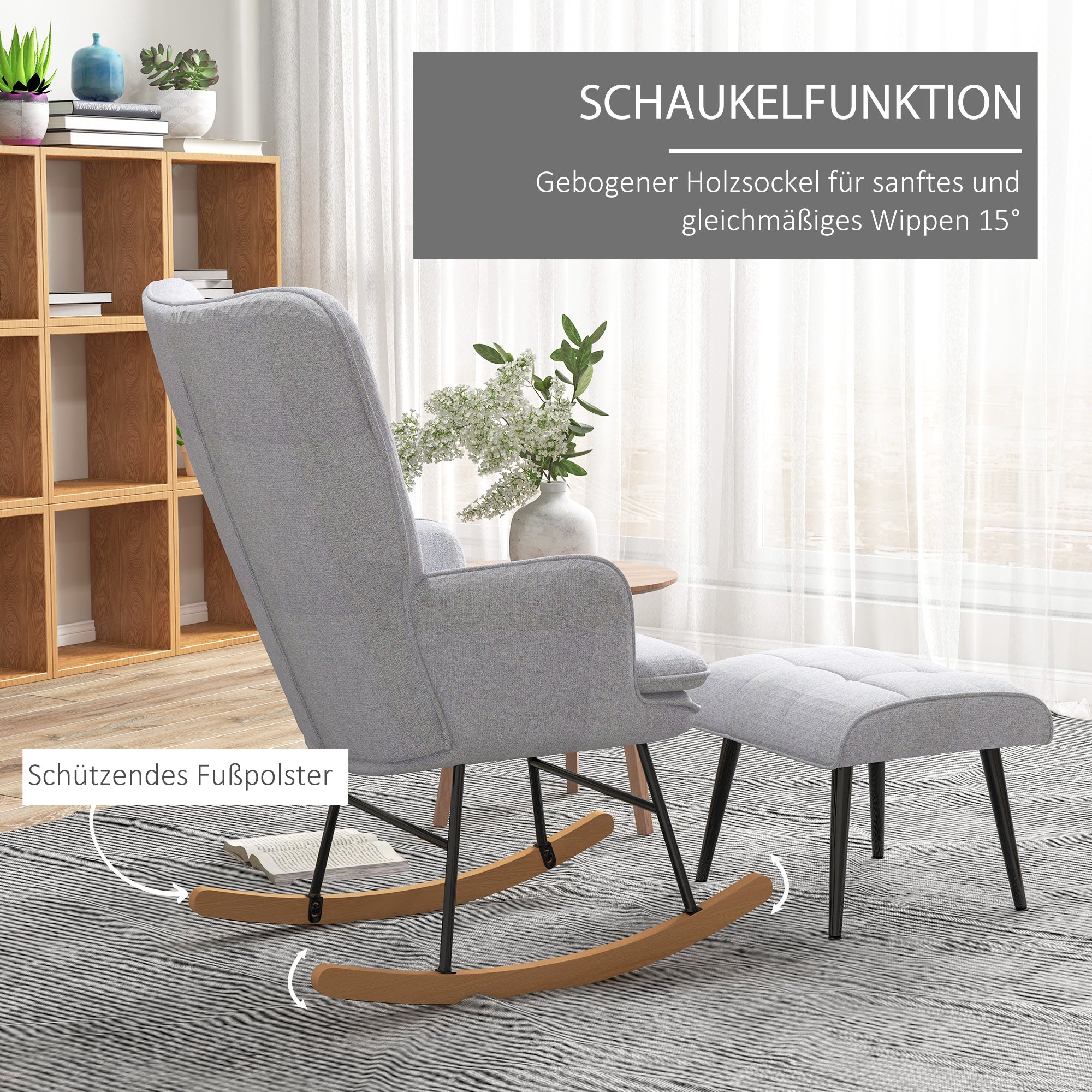 Rocking Chair with Stool, Armchair, Relaxing, 130 kg, Light Grey