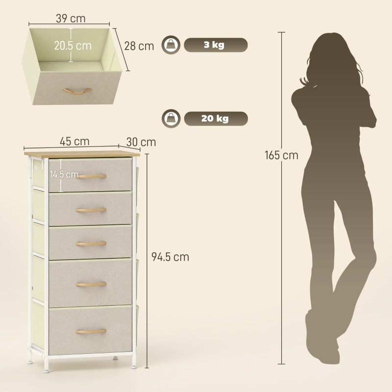 Chest of Drawers, Five Fabric Drawer Storage, Beige