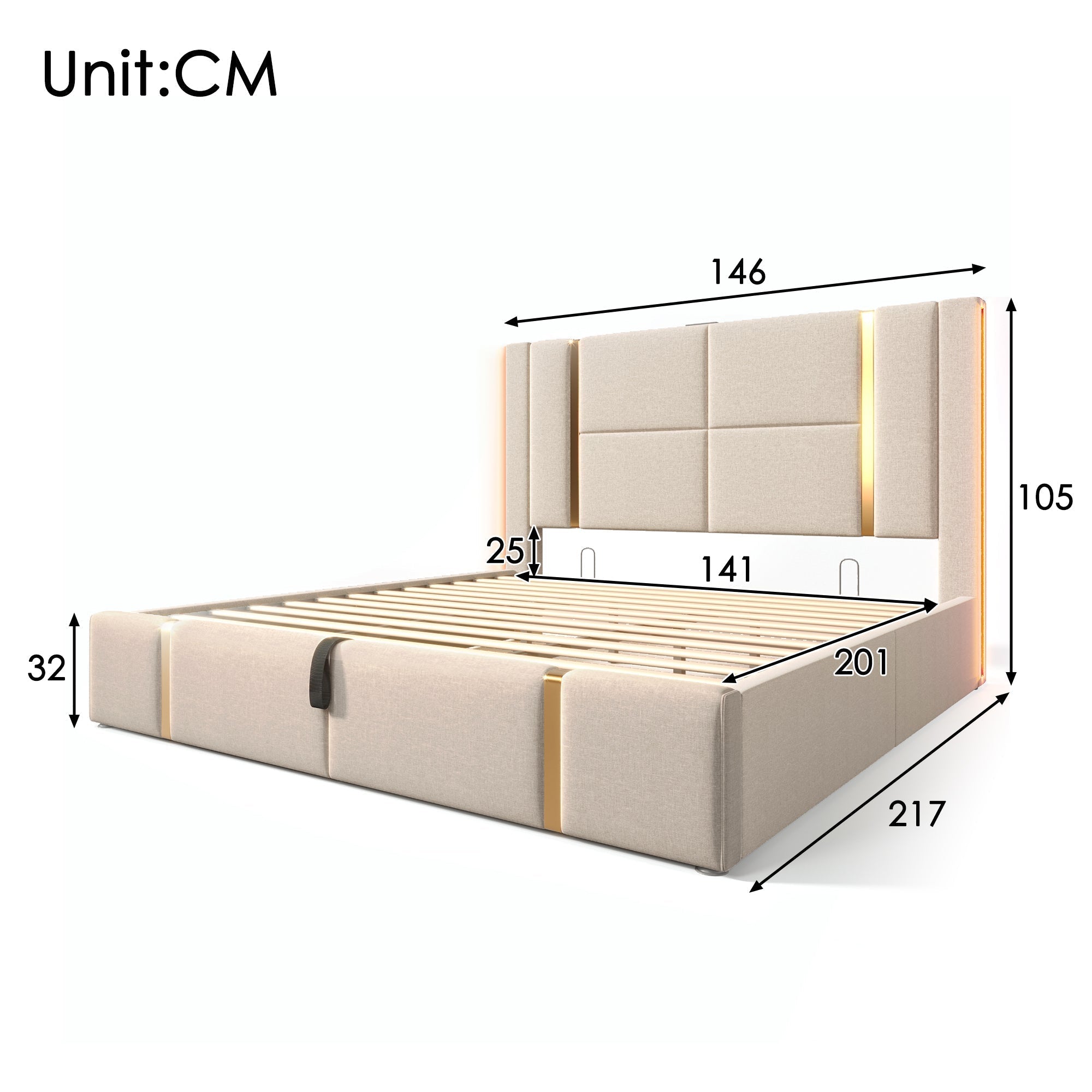 Upholstered Double Bed, 140x200 LED USB-C Storage, Beige Linen
