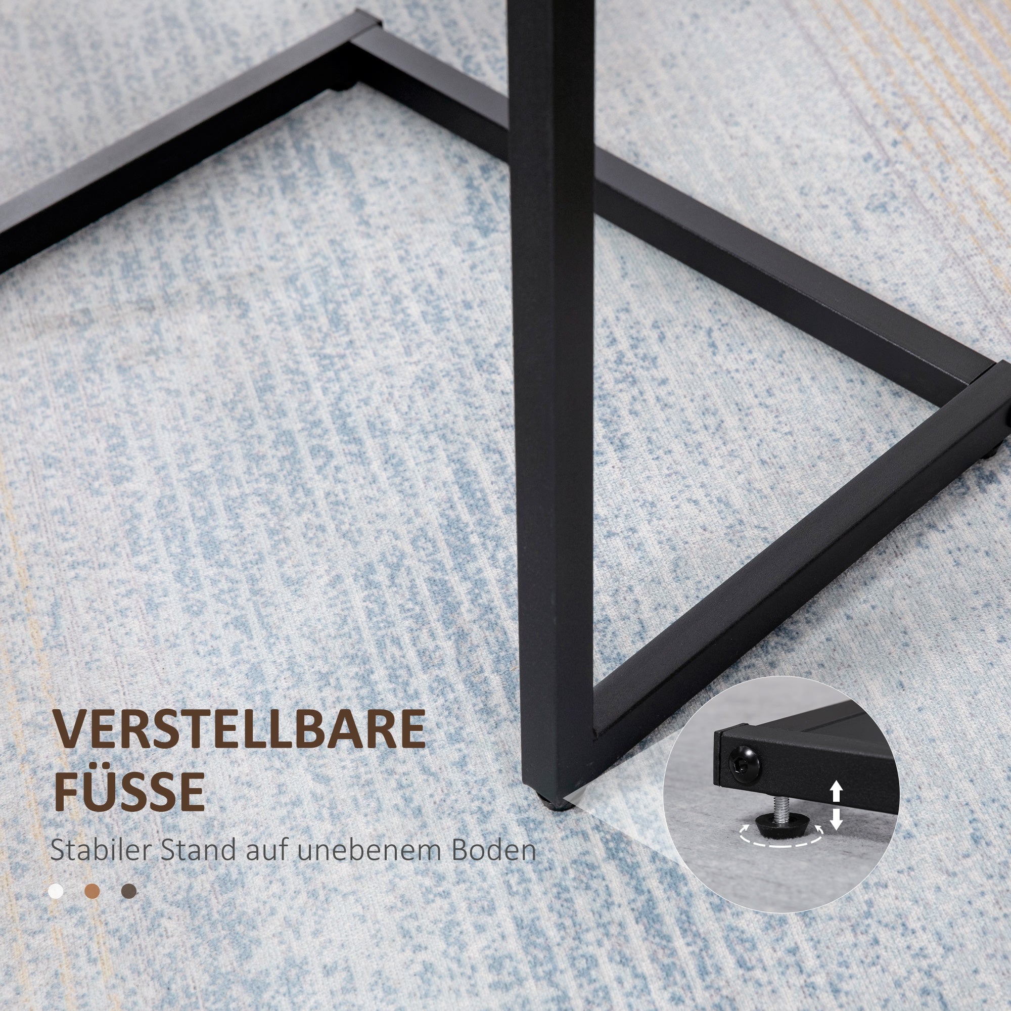 Set of 3 side tables, C-shaped nesting, space-saving, steel frame, rustic brown