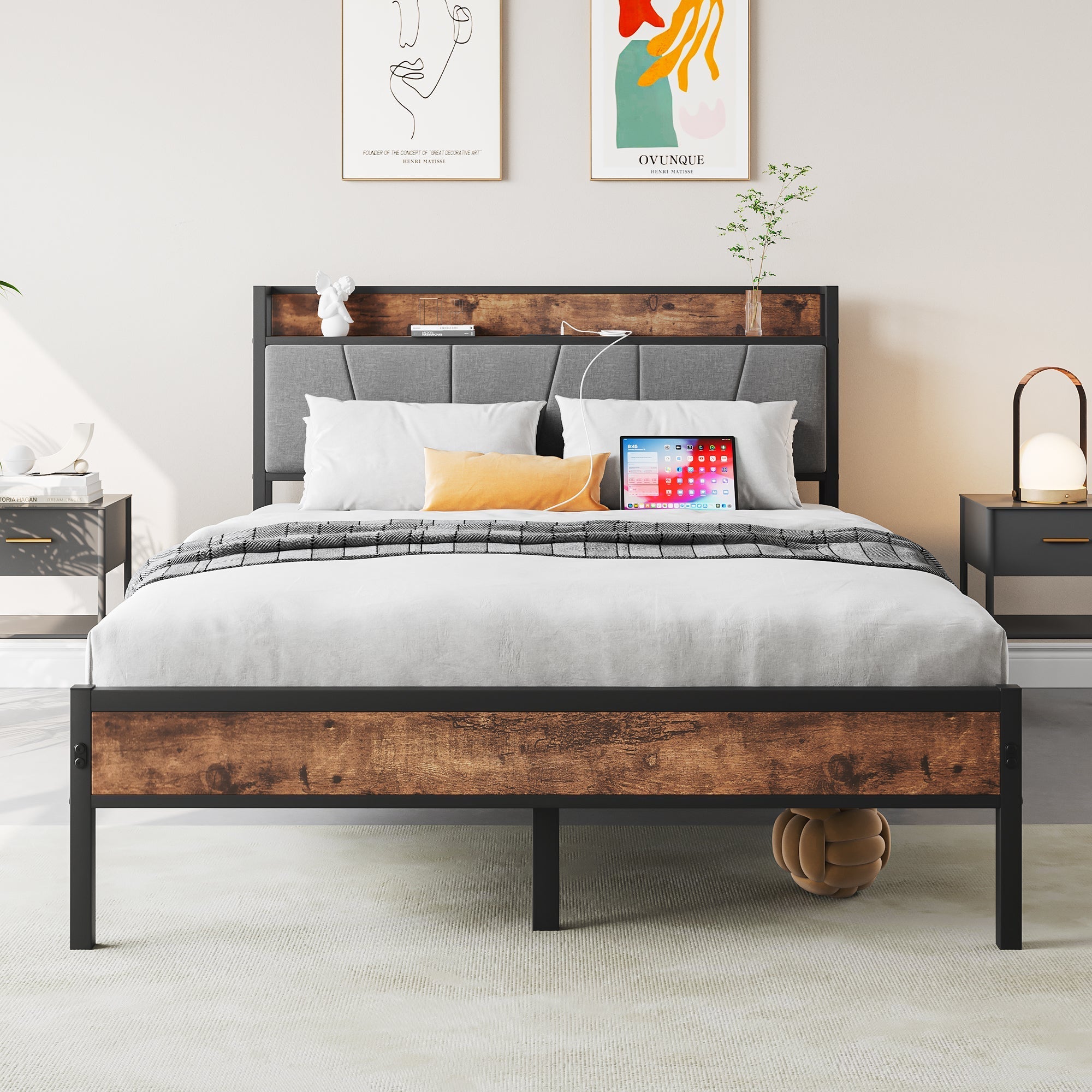 Bed Frame 120x200cm, Smart LED/USB Headboard, Heavy-Duty Metal Slatted Platform