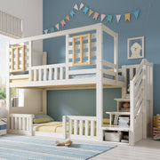 Bunk Bed with Cabin Style Windows and Staircase Cupboard, 90x200cm, White Wood