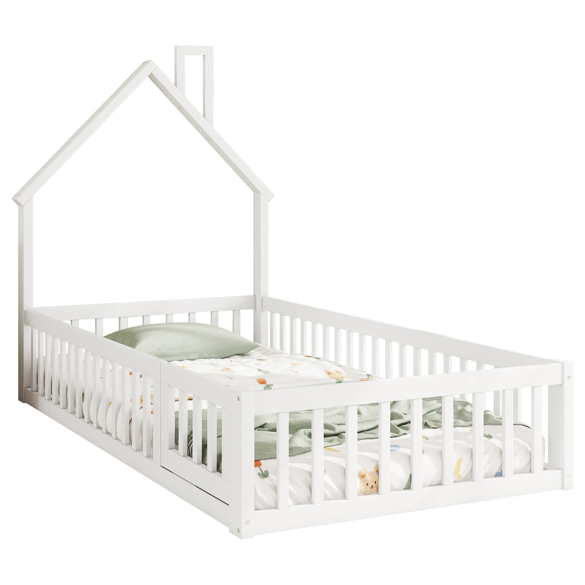 House Bed 90x200cm Chimney Shape with Slatted Base Pine Wood, White