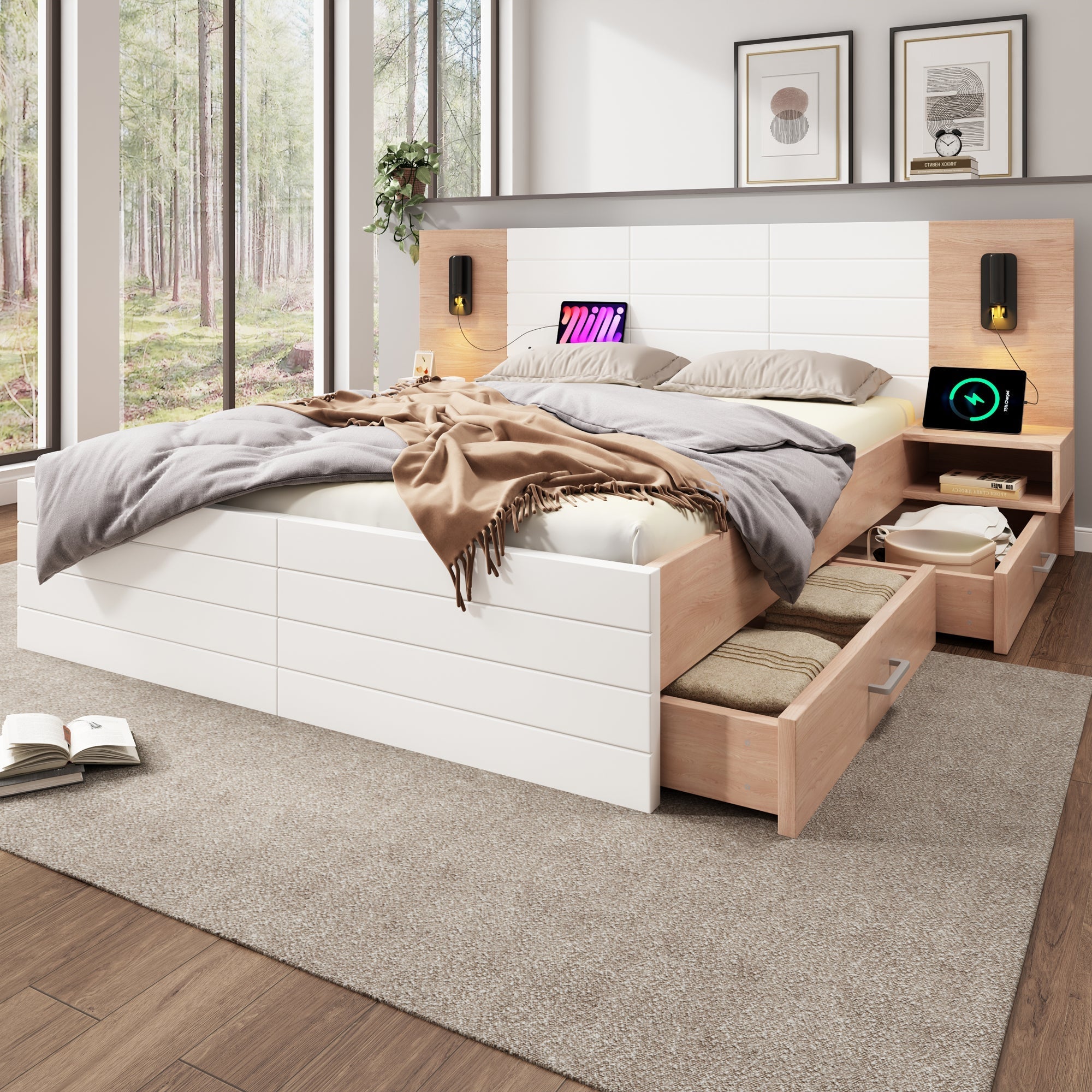 Double Bed 140x200cm, 2 Drawers, USB Reading Light, 2 Bedside Tables, Oak/White Wood