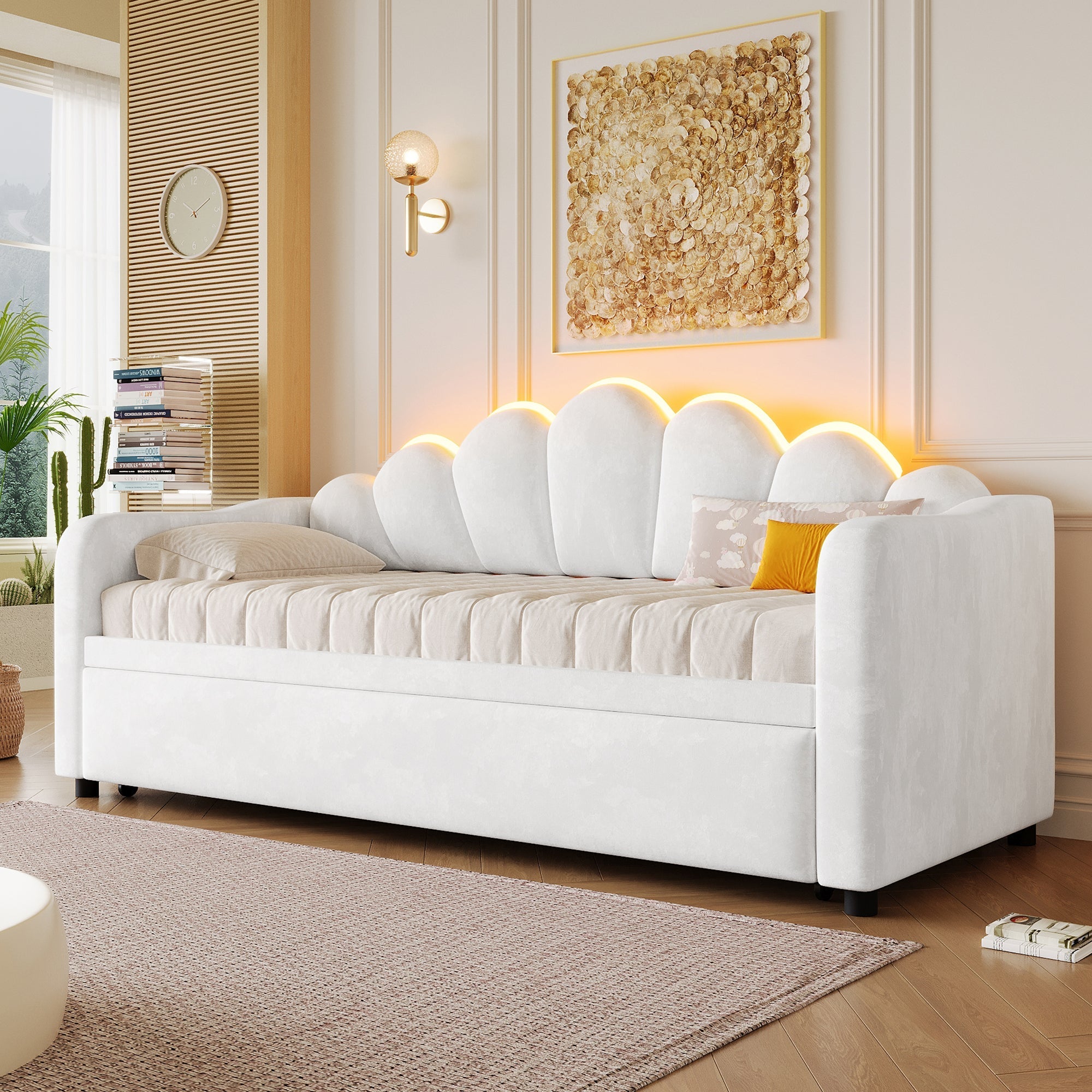 Upholstered Daybed with Pull-out Function and LED Lighting, 90x200cm, White