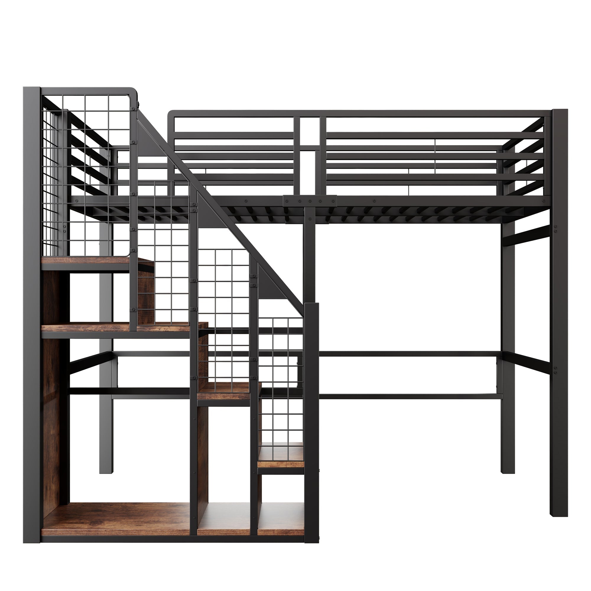 Bunk Bed 90x200cm Iron Frame with Storage Area Safety Ladder Black
