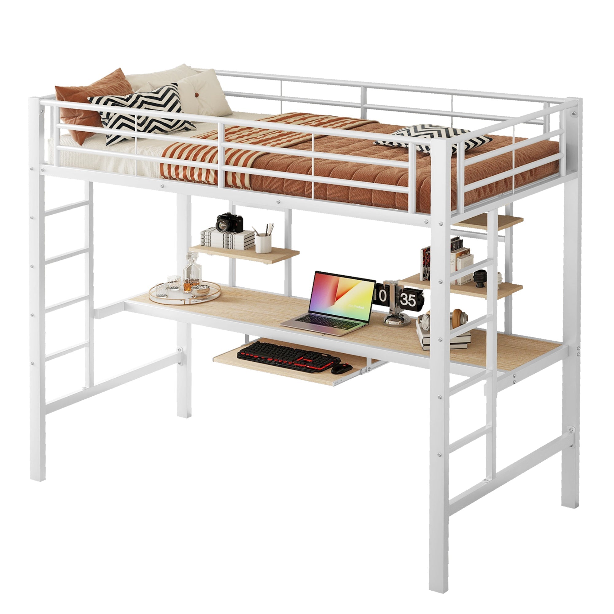 Loft Bed 90x200cm Metal Frame with Desk and 2 Bookshelves White