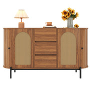 Oval Sideboard with Rattan Sliding Doors and Drawers, Wood Look and Metal