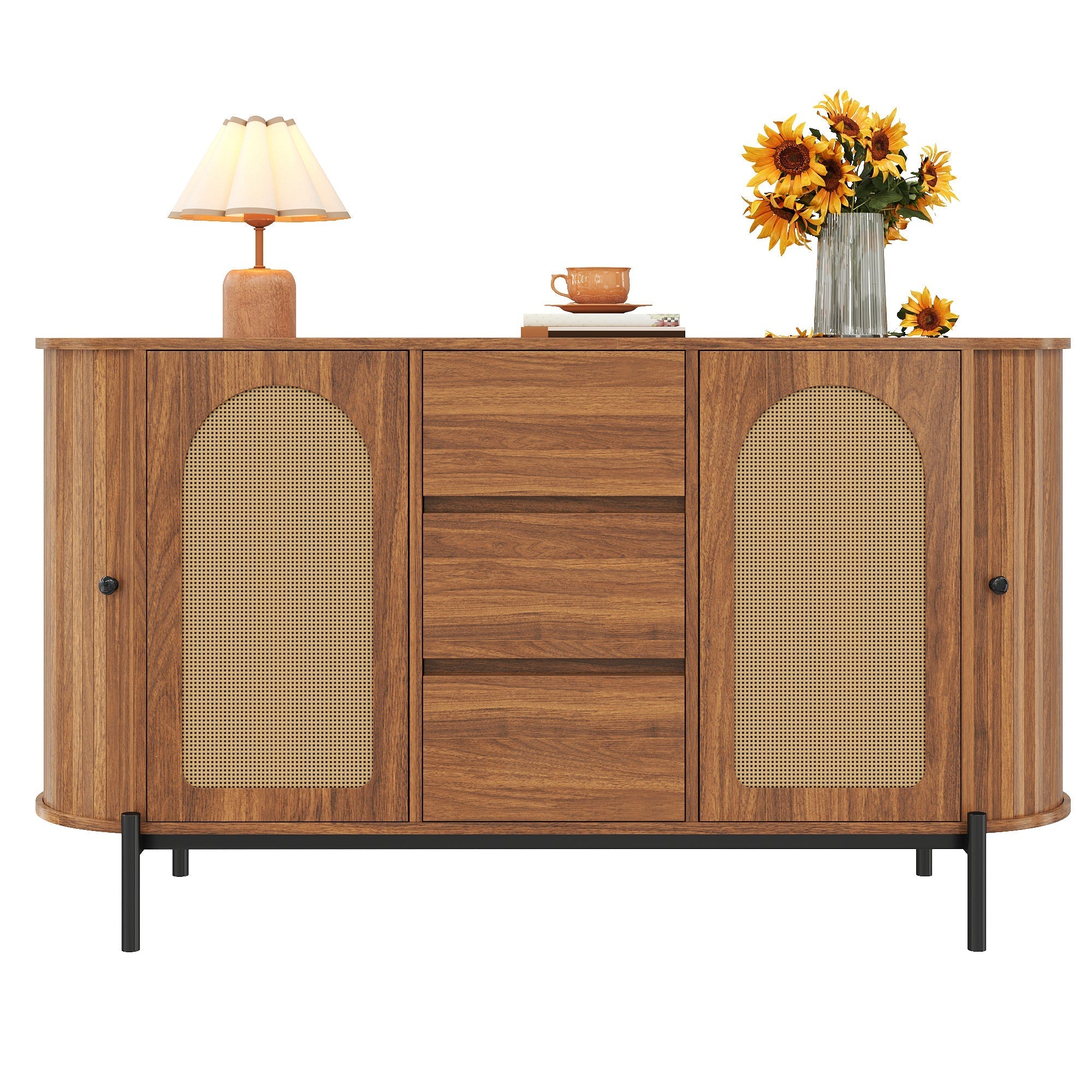 Oval Sideboard with Rattan Sliding Doors and Drawers, Wood Look and Metal