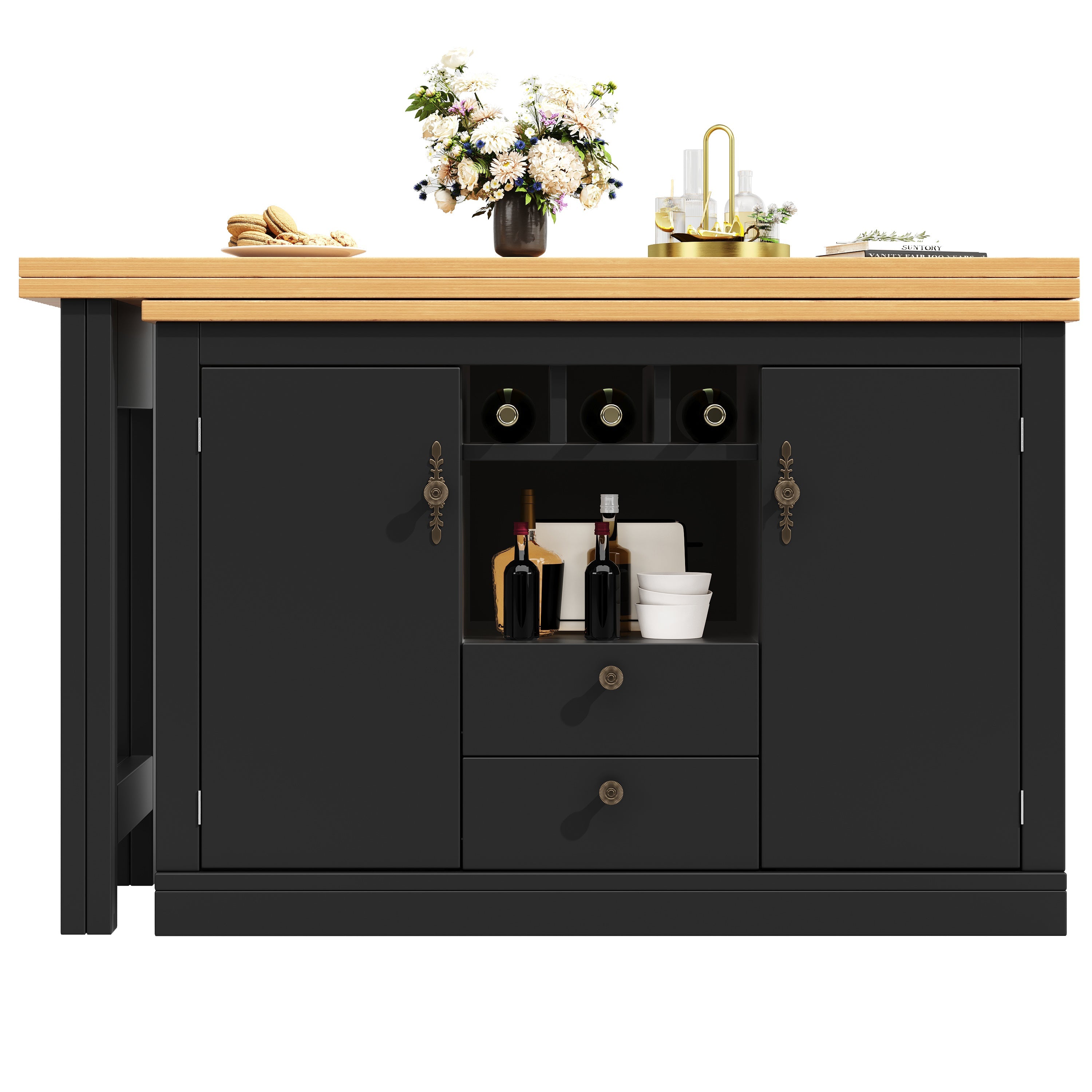 Extendable Bar Table with 360 Swivel Function and Storage Space, 120-180cm, Black