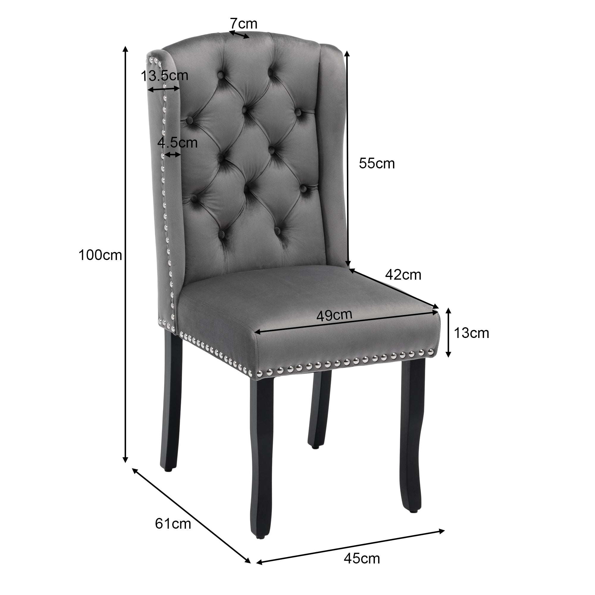 Velvet Dining Chairs Set of 6 | Oak Legs Chrome Knocker Nailhead Trim - Grey