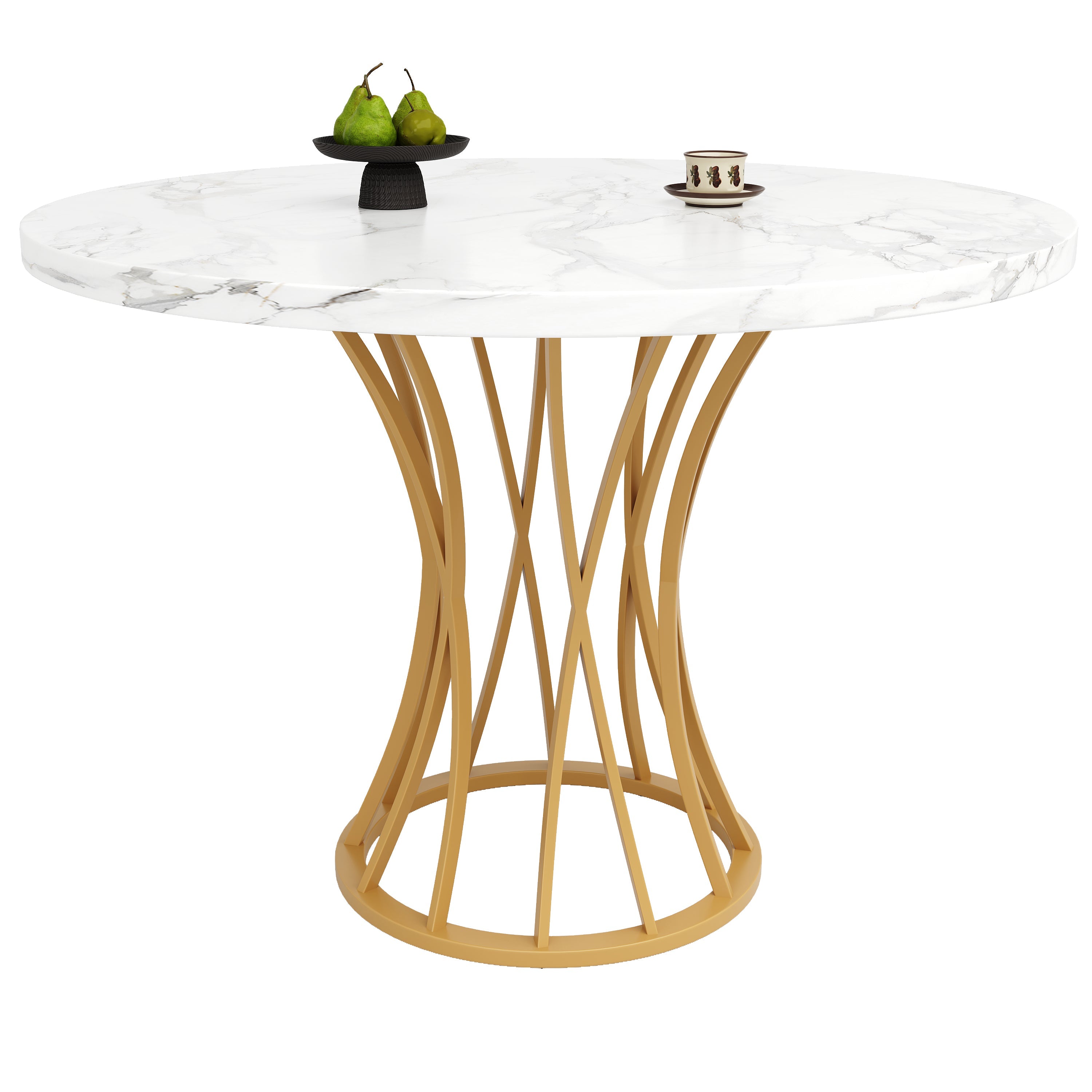 Dining Table Set 5-Piece Round 80cm White Marble Top Gold Legs Grey Velvet