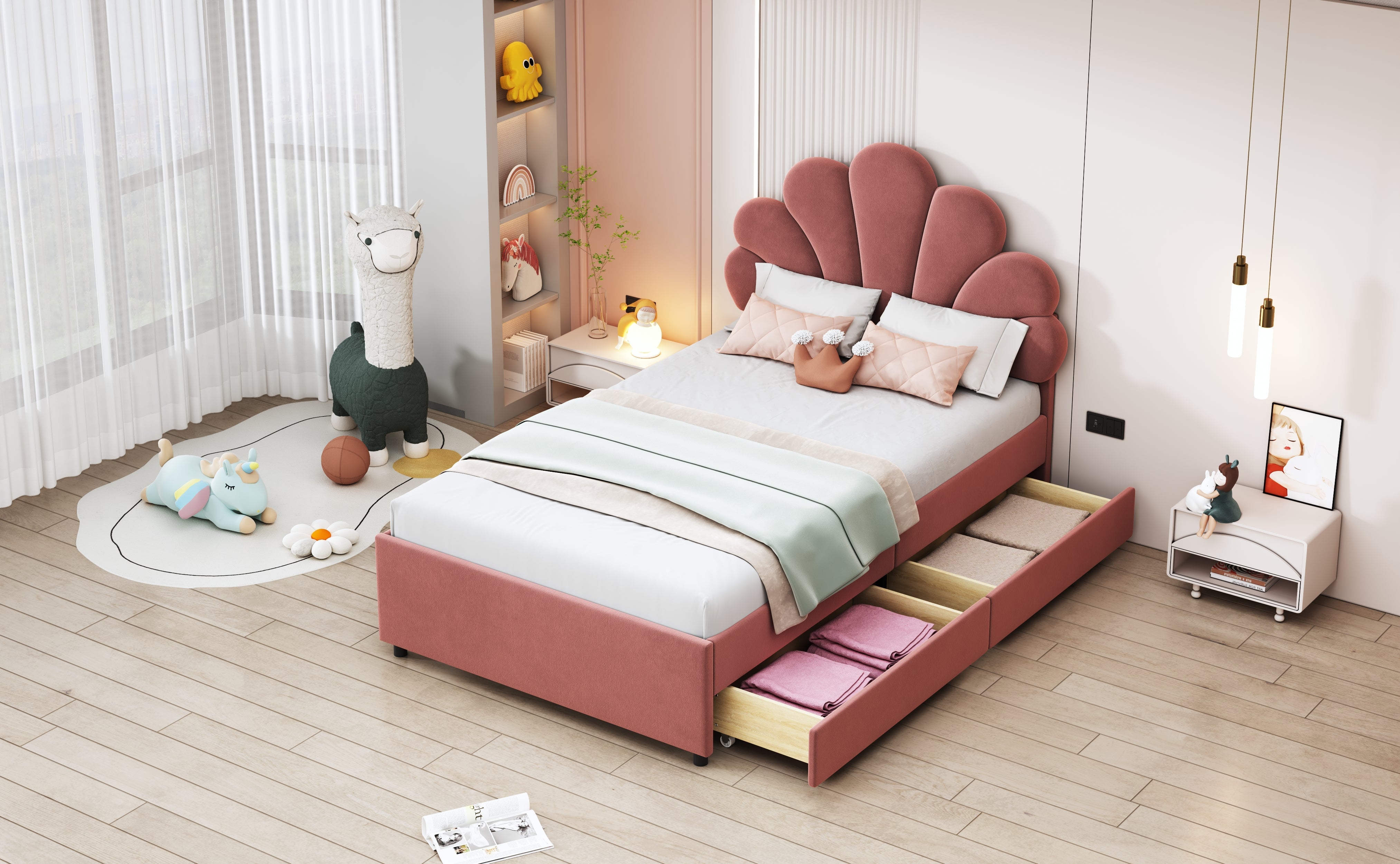 Children's Upholstered Bed 90x200 Floral Headboard Storage Velvet Pink