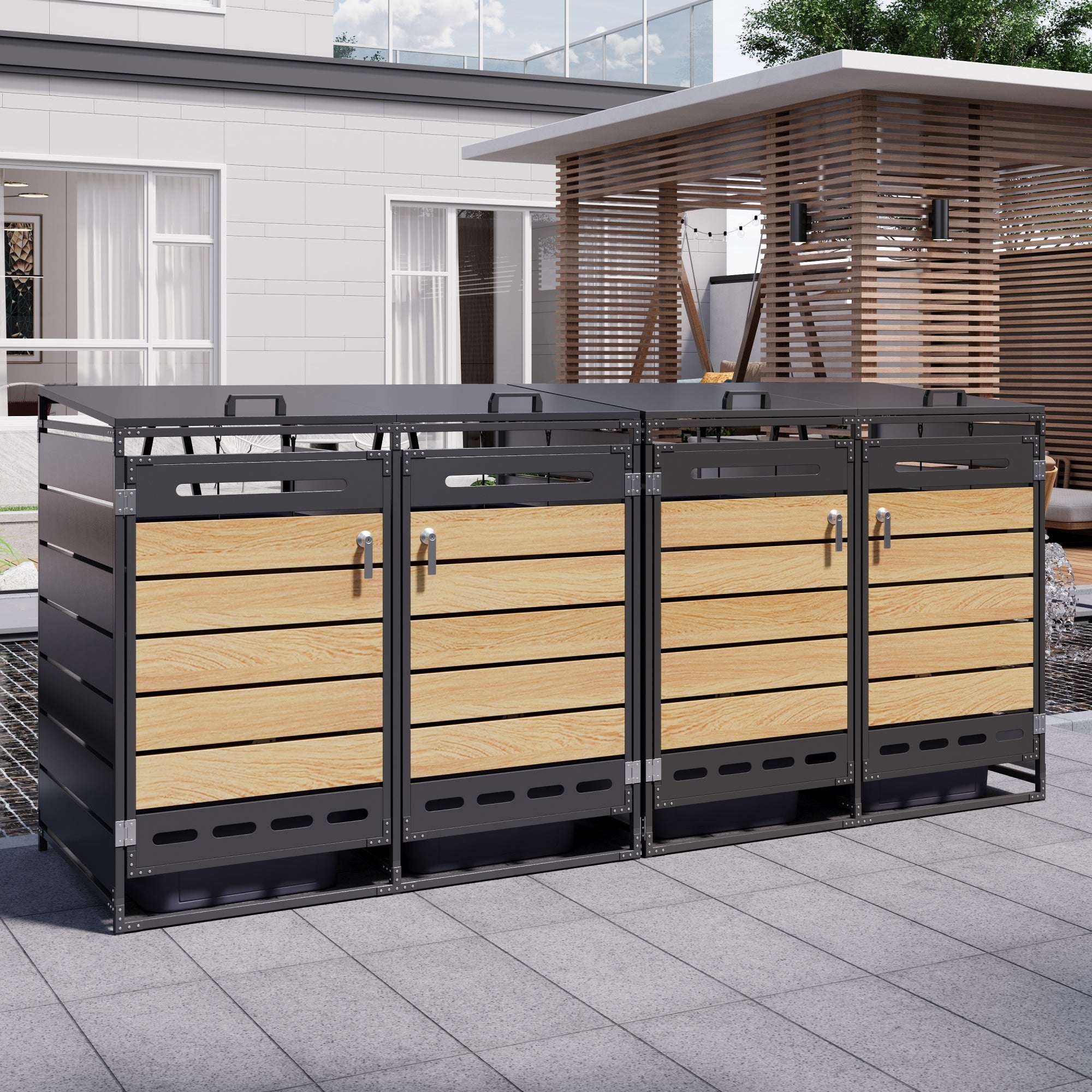 4-Bin Storage Unit with Hydraulic Lids and Slotted Ventilation, Iron and Wood-Look Cladding