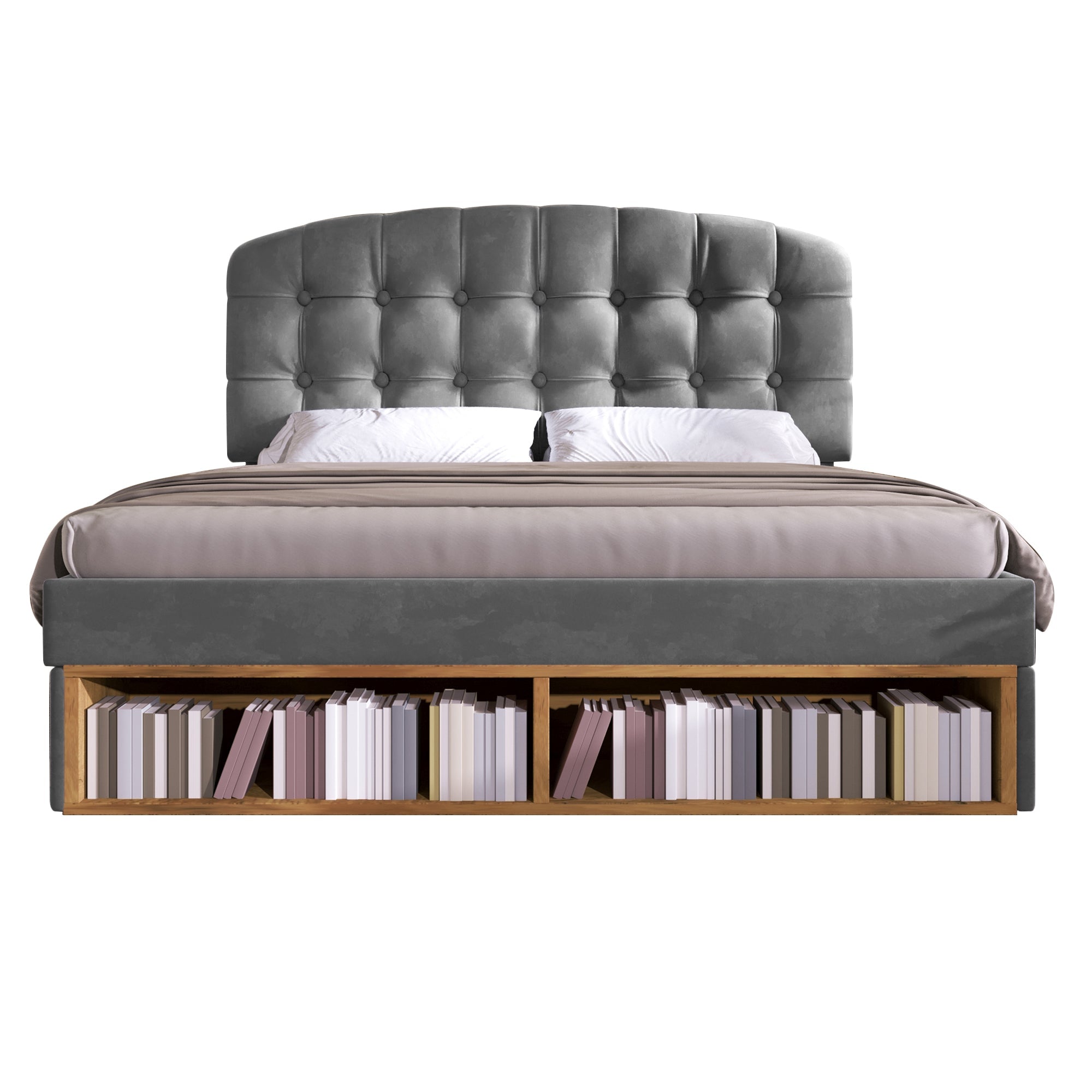 Upholstered Double Bed, 140x200cm with Storage Drawers and Adjustable Headboard, Grey Velvet
