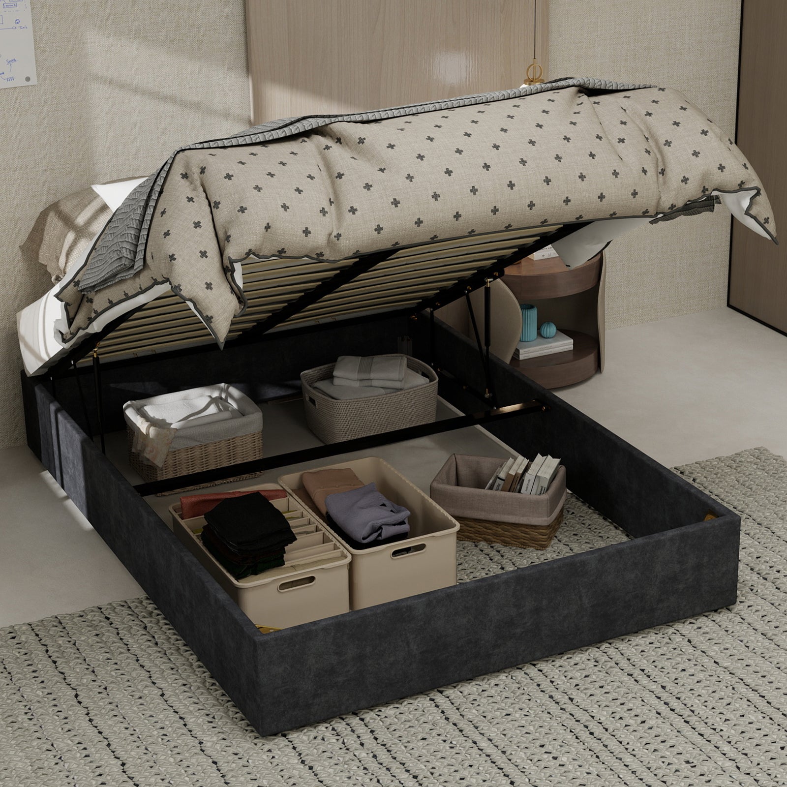 Modern Minimalist Bed Frame 140x200cm Gas Lift Storage, Dutch Velvet Gray