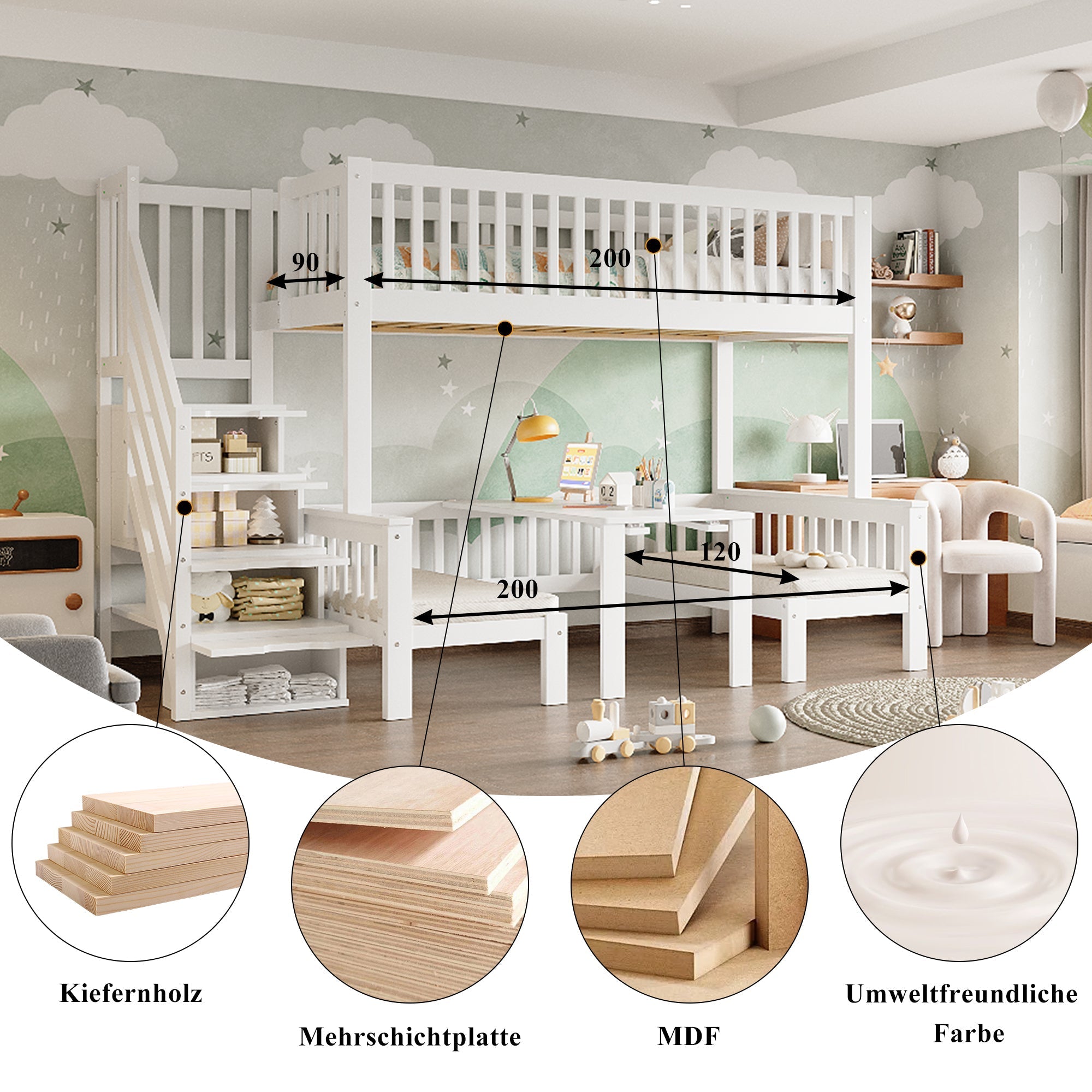 Bunk Bed, Multifunctional Height-Adjustable Table, Storage Ladder & Safety Railing, Pine + MDF + Plywood, White
