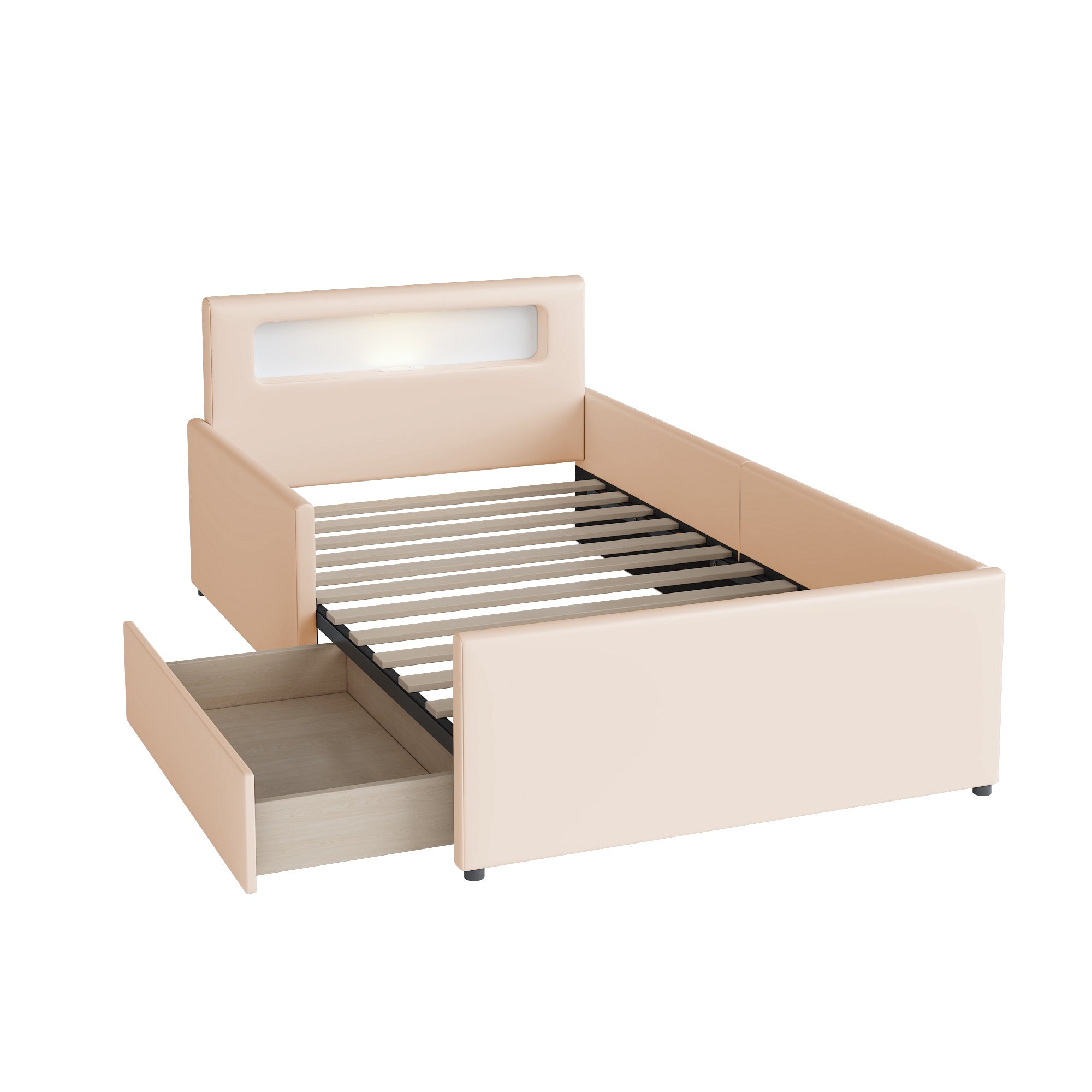 N623P195760A Upholstered Bed with LED Lighting and USB Charging, 140x200cm, Beige Velvet