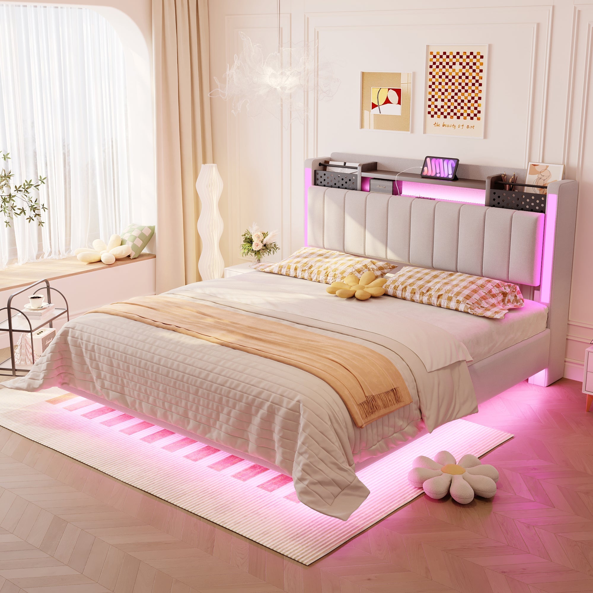 Upholstered Bed 140*200, LED, USB, Storage Headboard, Floating Design, Linen Beige