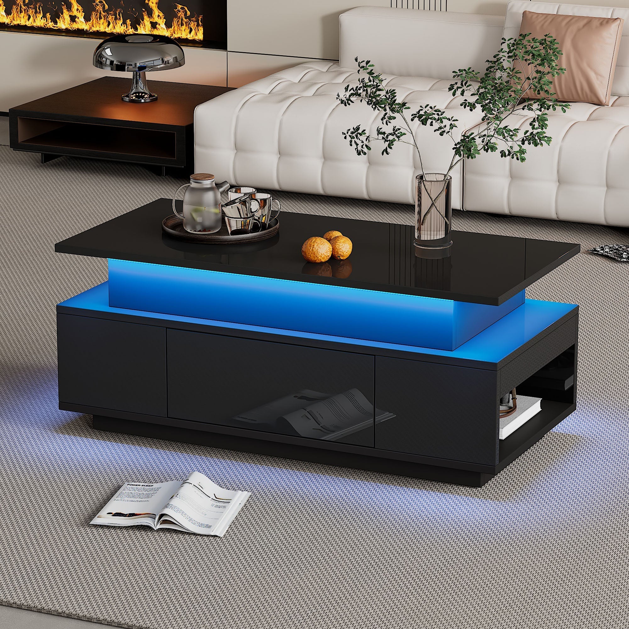 Coffee Table Height-Adjustable Hidden Storage Drawer LED High-Gloss Black