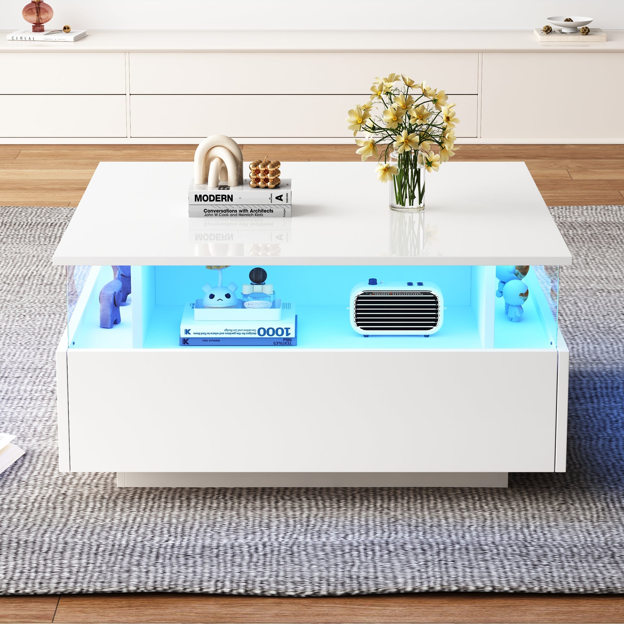 Coffee Table, Modern High-Gloss LED with 2 Drawers, Glass