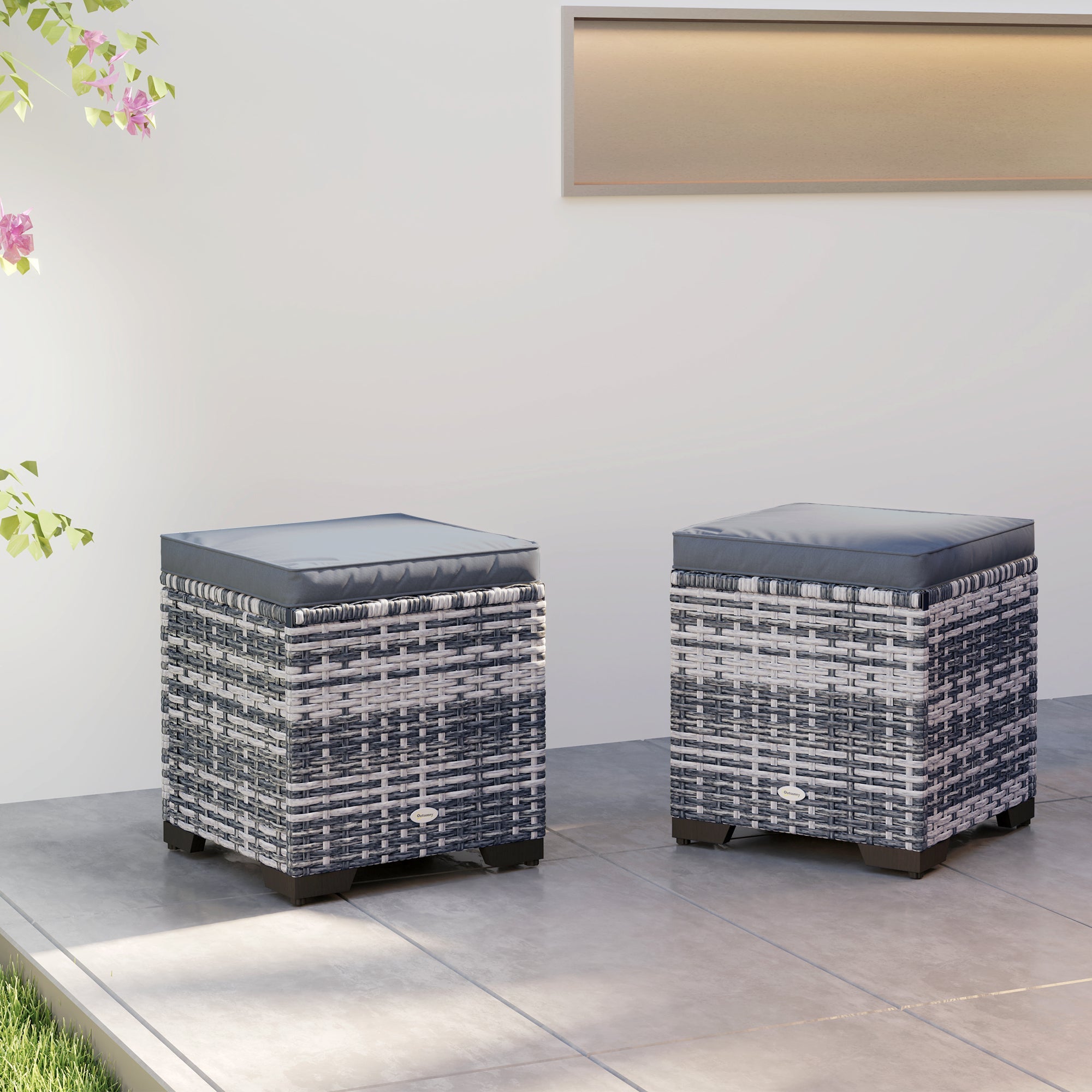 Set of 2 Rattan Storage Ottoman, Outdoor Footstool with Removable Cushions, Dark Grey