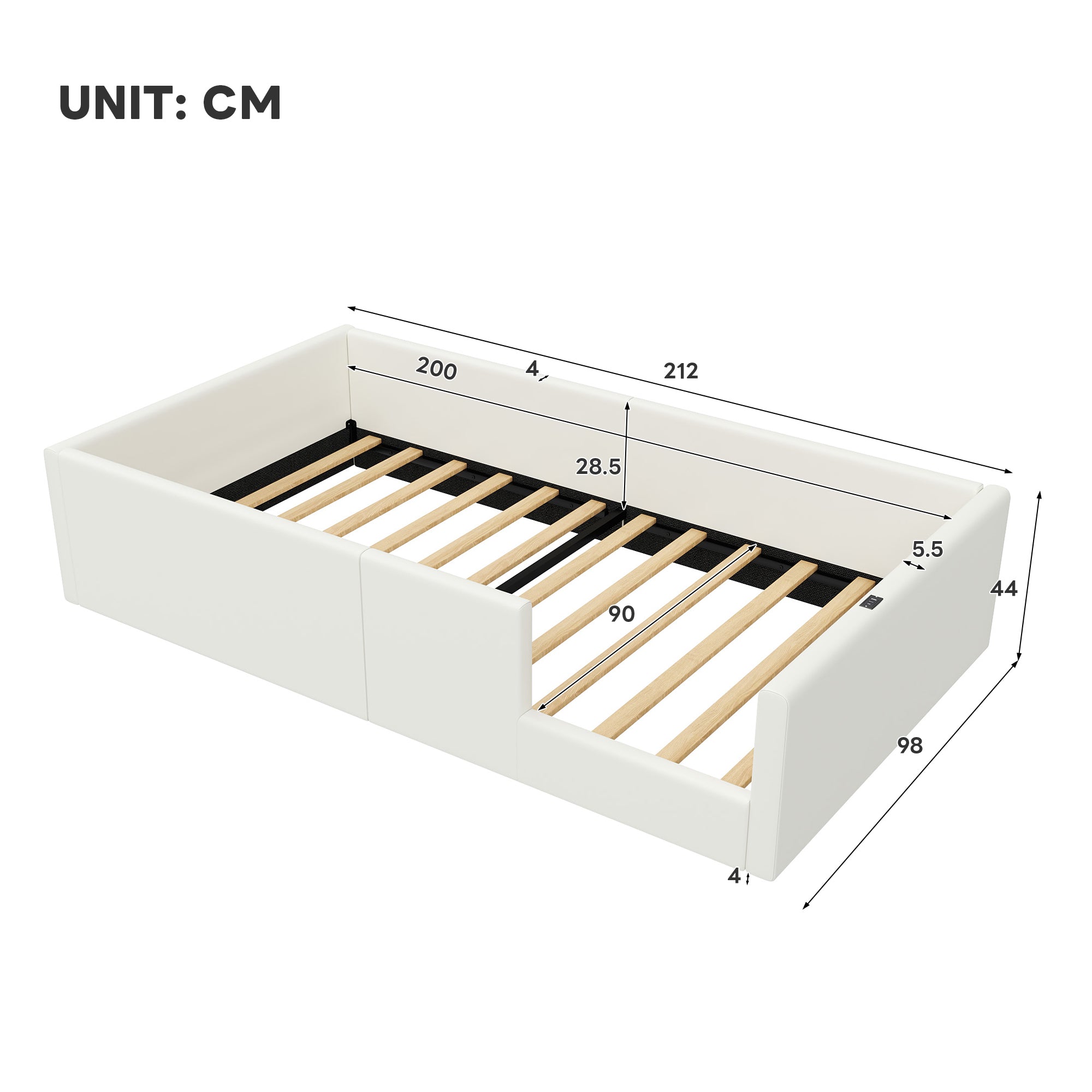 Upholstered Platform Bed with Safety Railing and Charging Station, 90x200cm, White Velvet