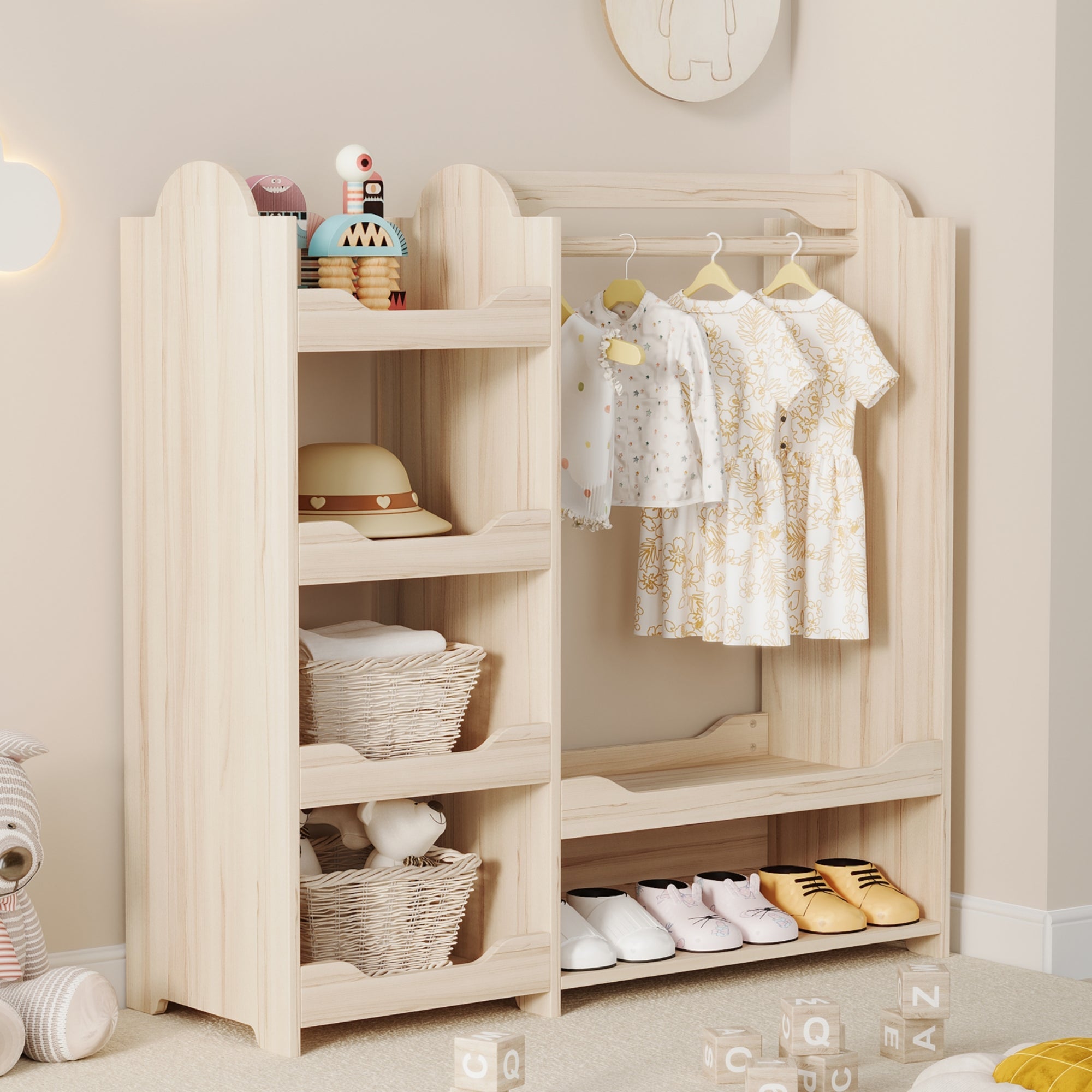 Children's Wardrobe Freestanding with Clothes Rail & 4 Shelves, Natural Wood