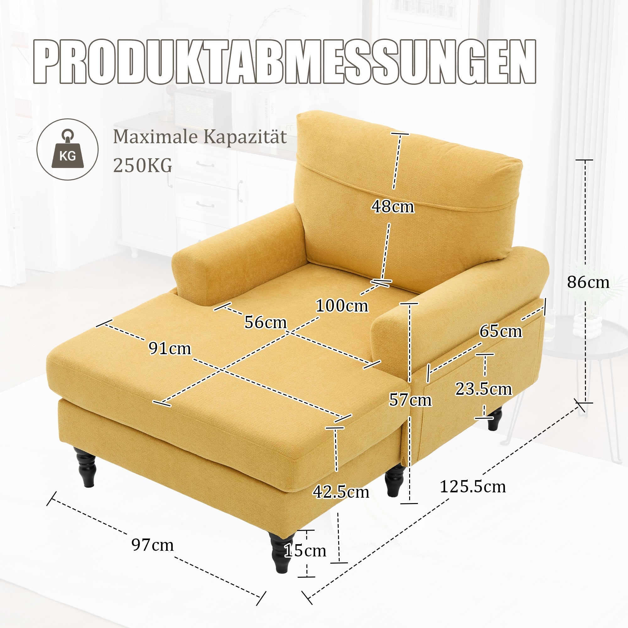 Single Sofa Lounger with Side Pockets and Wooden Legs, Chenille Fabric