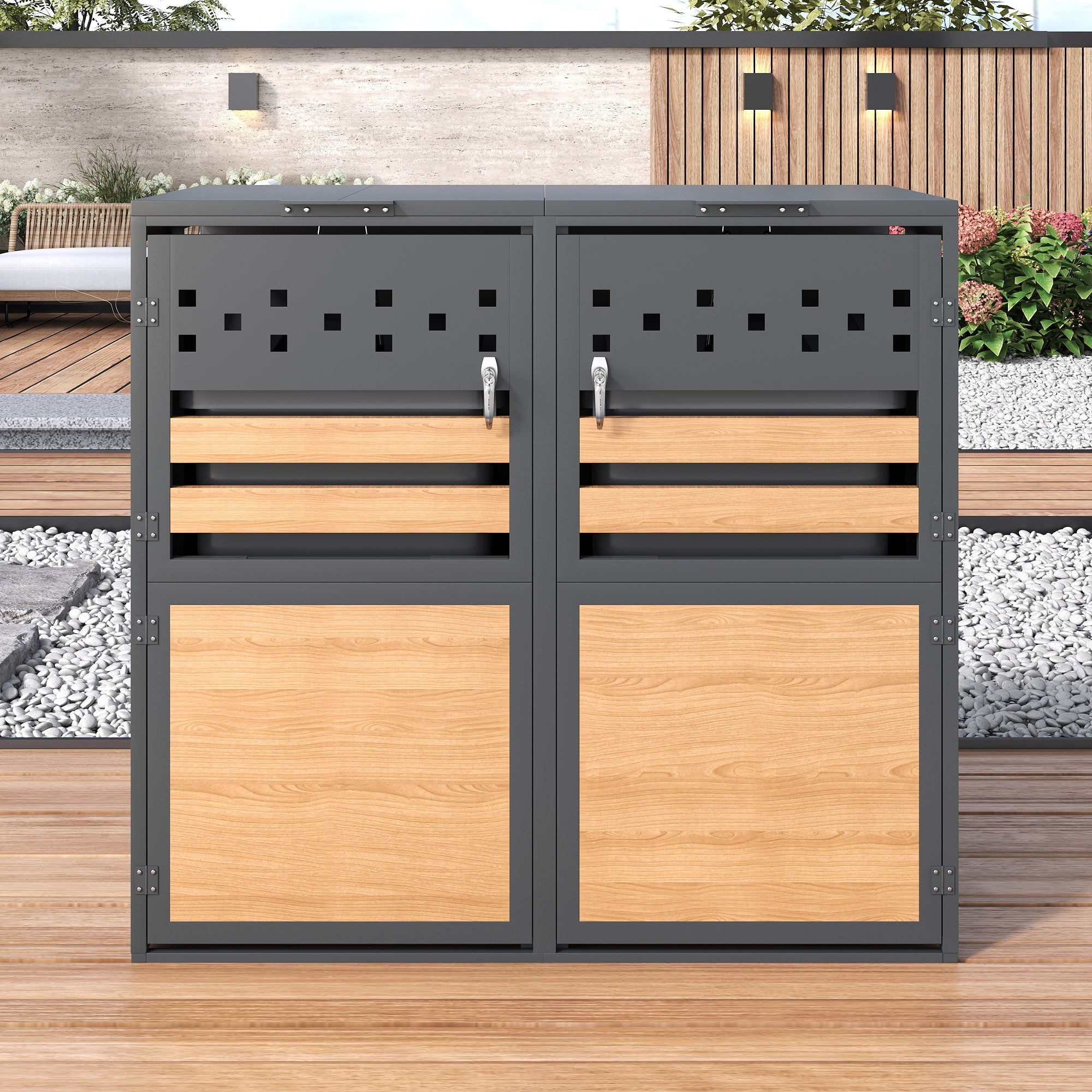 Bin Storage Box with Hinged Lid, Lockable Two Doors and Diamond Cutouts, Wood Grain Panels