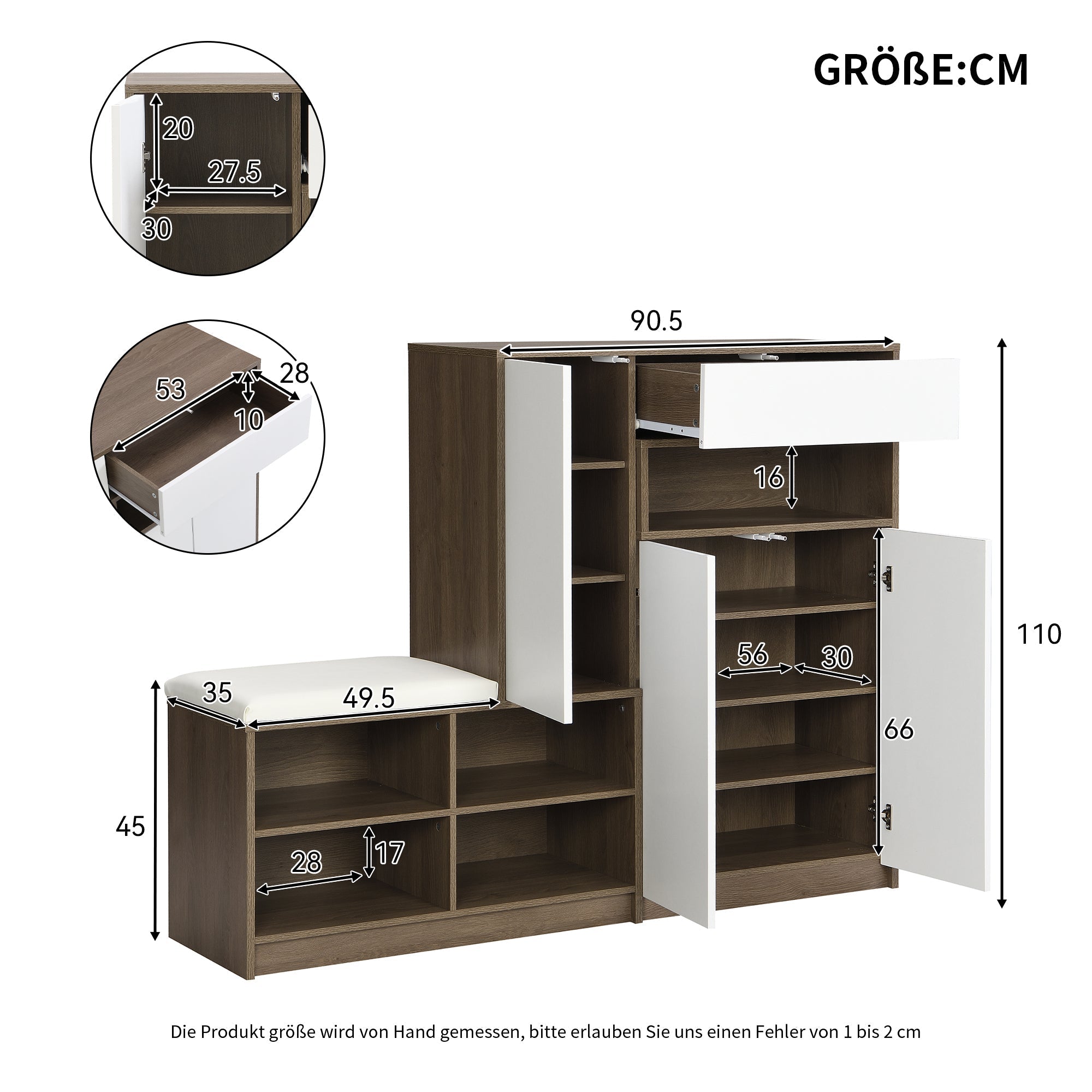 Shoe Storage Bench and Cabinet with Padded Seat, Adjustable Shelves, white