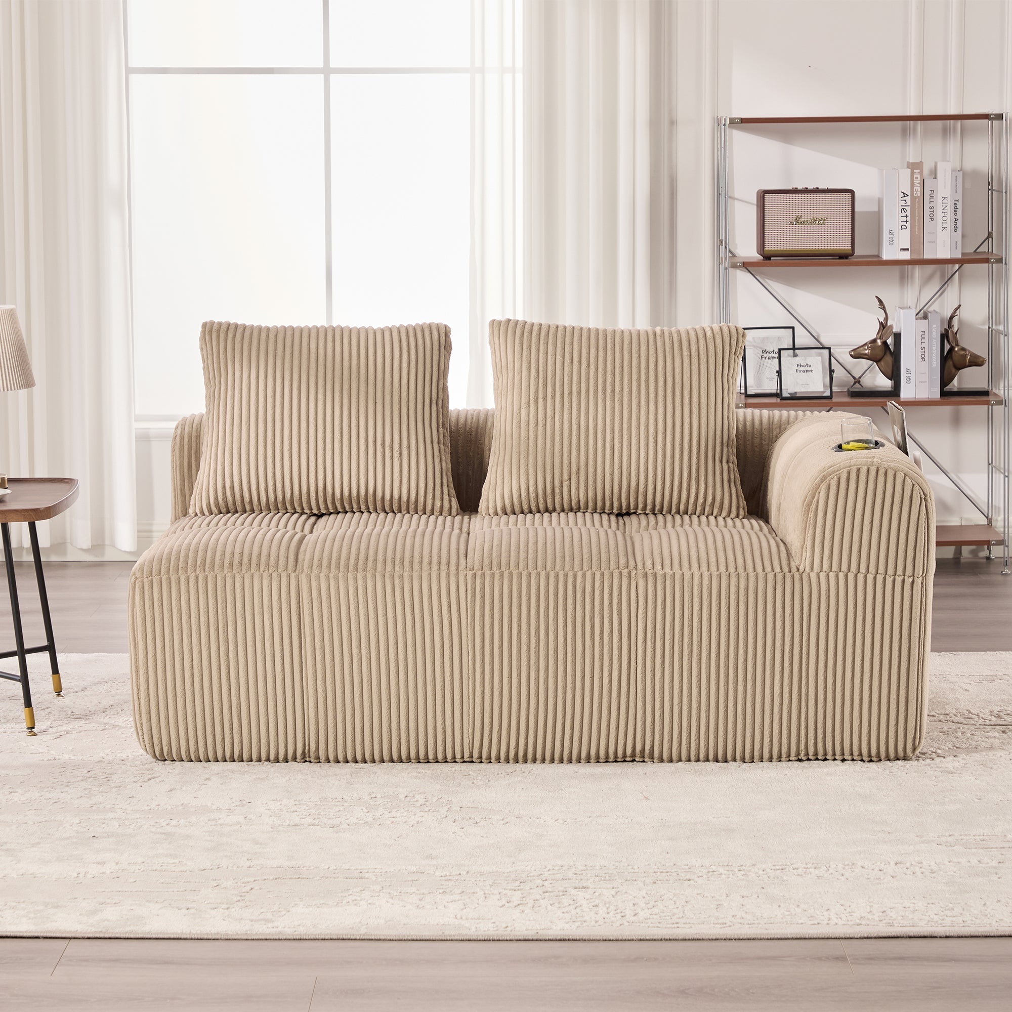 Two-Seater Sofa - No Assembly Storage Pocket Drink Holder - Corduroy